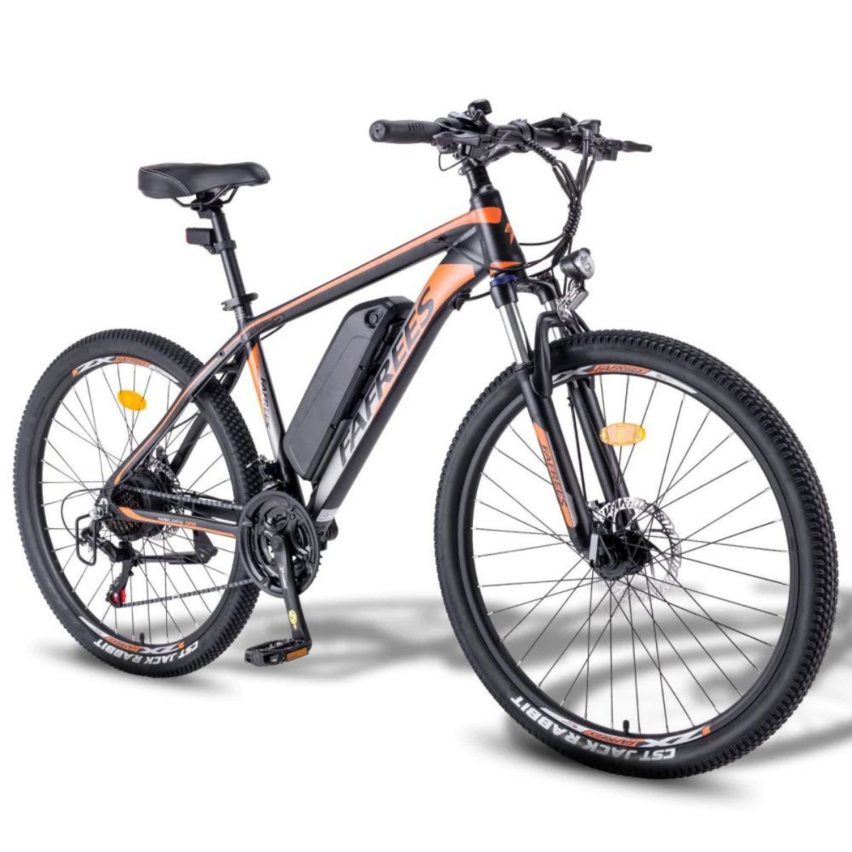 Bici elettrica nera e arancione su sfondo bianco. Logo Farrees visibile.