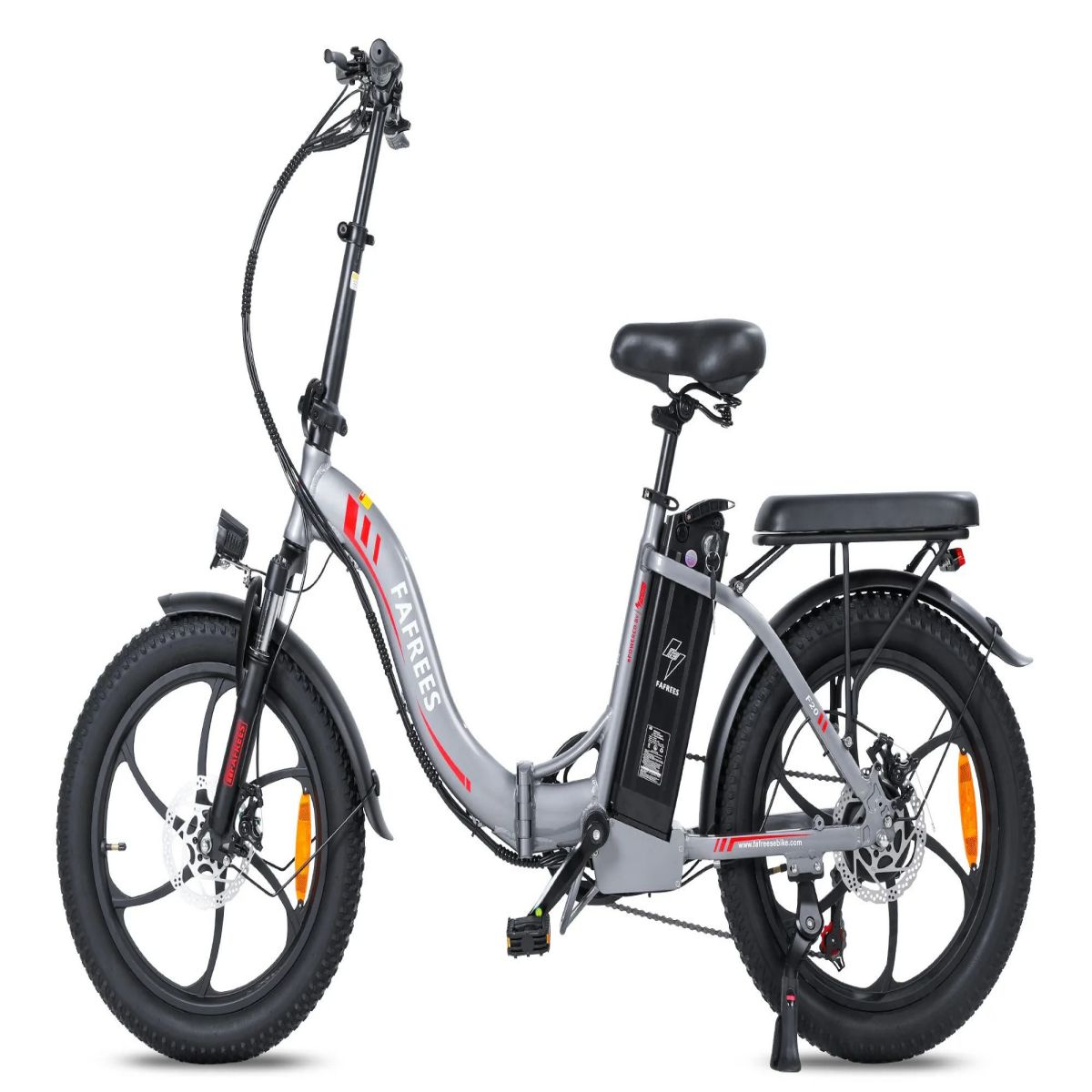 Bici elettrica grigia su sfondo bianco. Pneumatici grandi, sella nera e scritta 'FAFREES'.