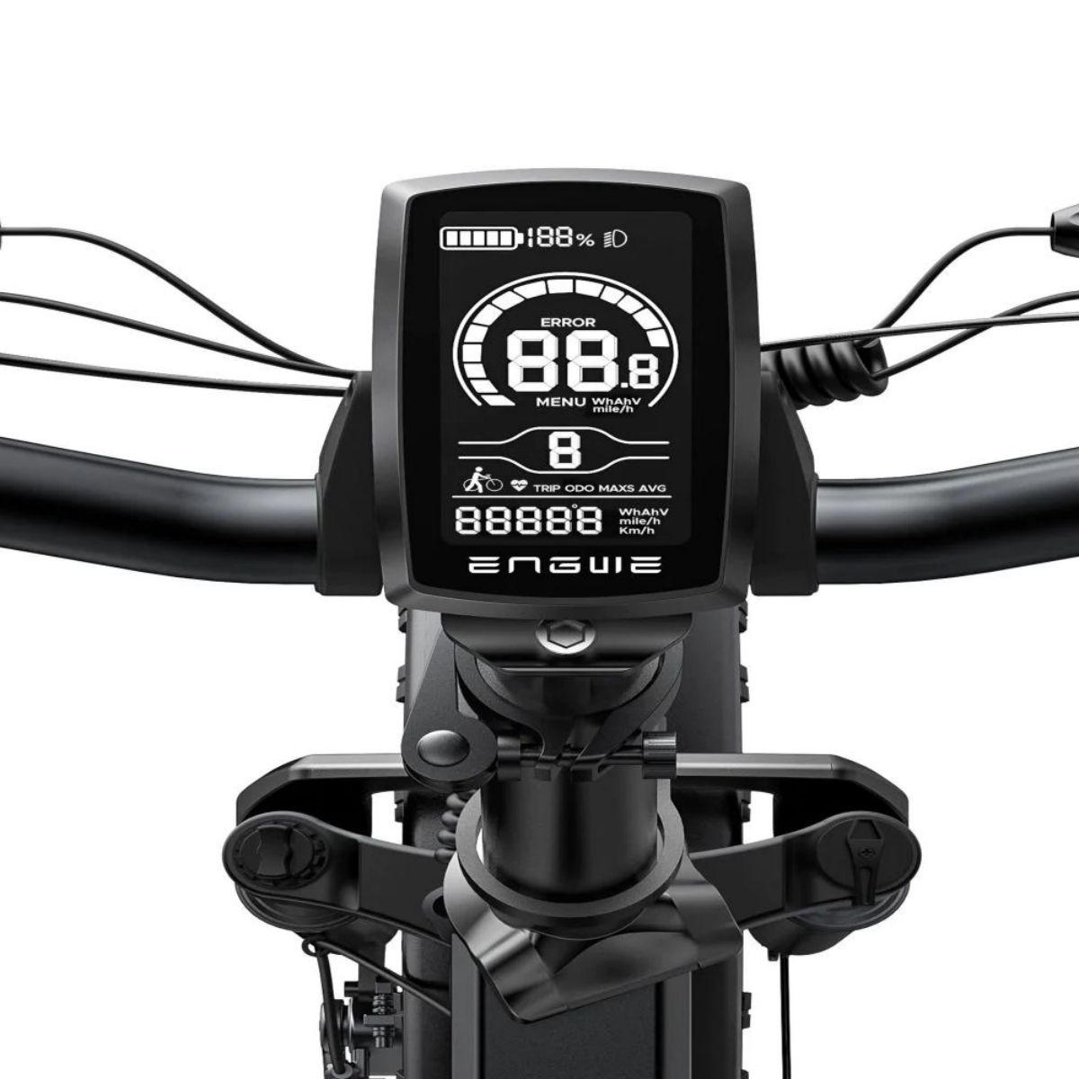 Display nero di e-bike che mostra velocità, batteria e altre informazioni.