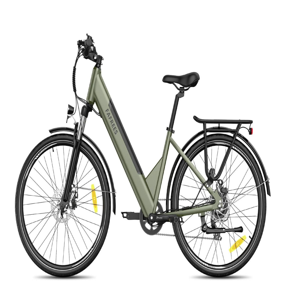 Ein olivgrünes Elektrofahrrad, von der Seite gesehen, mit sauberem weißen Hintergrund.