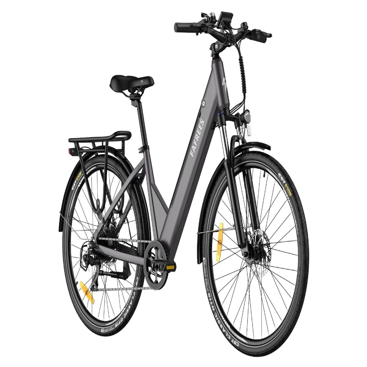Graues Elektrofahrrad mit schwarzen Reifen und Zubehör auf weißem Hintergrund. Vorderansicht.