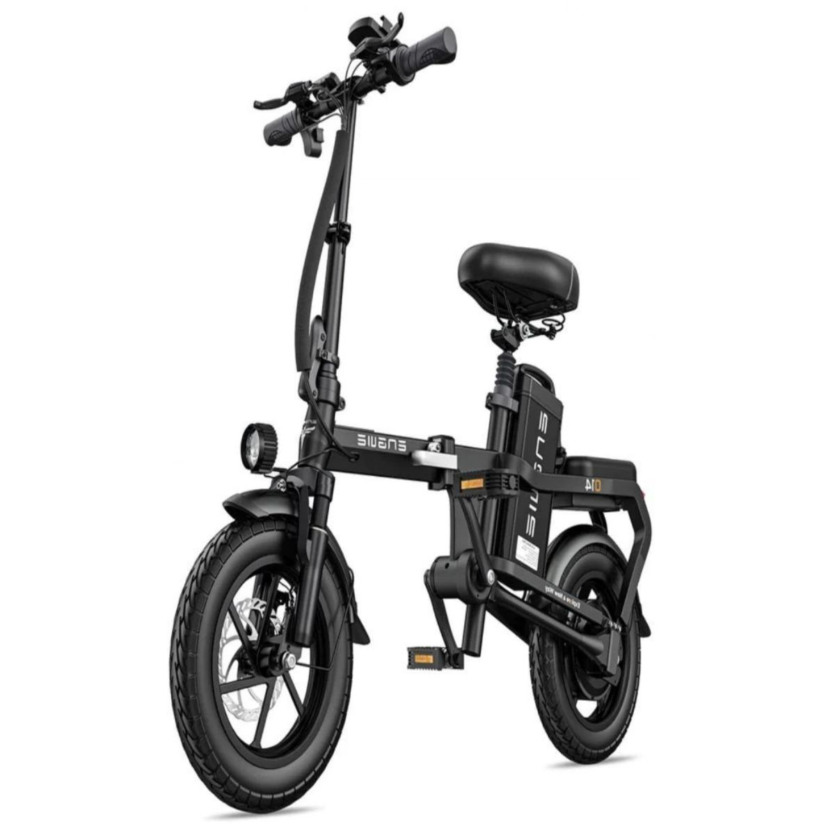 E-bike pieghevole nera, con sella, manubrio e faro.