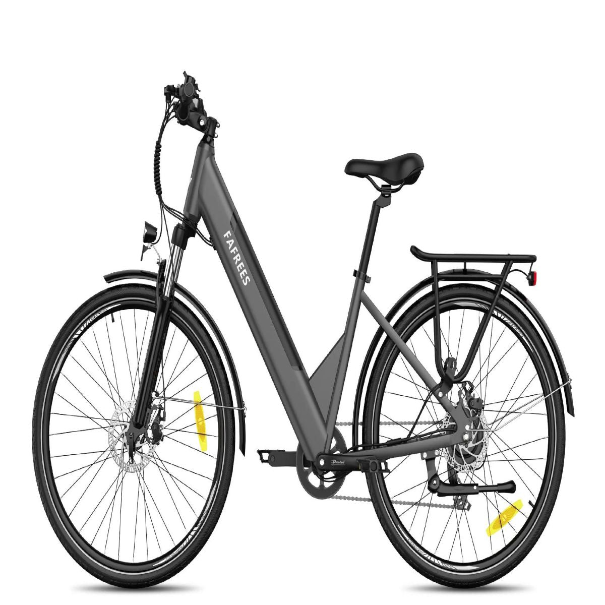 Ein graues Elektrofahrrad mit schwarzen Reifen und Kotflügeln vor weißem Hintergrund, nach rechts gerichtet.