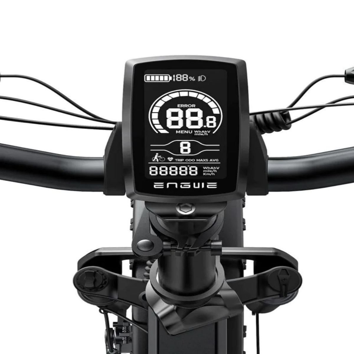 Console bici, schermo LCD che mostra velocità, batteria e altri dati, con manubrio nero.
