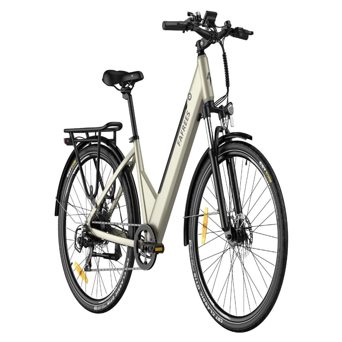 Ein hellbeige Elektrofahrrad. Es hat schwarze Reifen, einen schwarzen Gepäckträger und den Markennamen Fafrees.