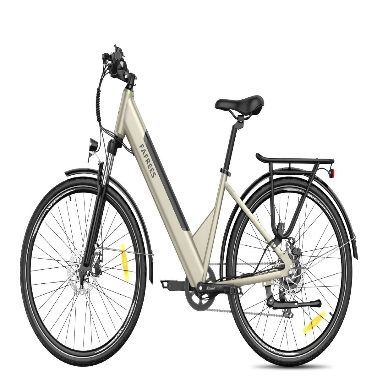 Elektrofahrrad, beiger Rahmen, geparkt, mit schwarzen Reifen und Gepäckträger, auf Weiß.