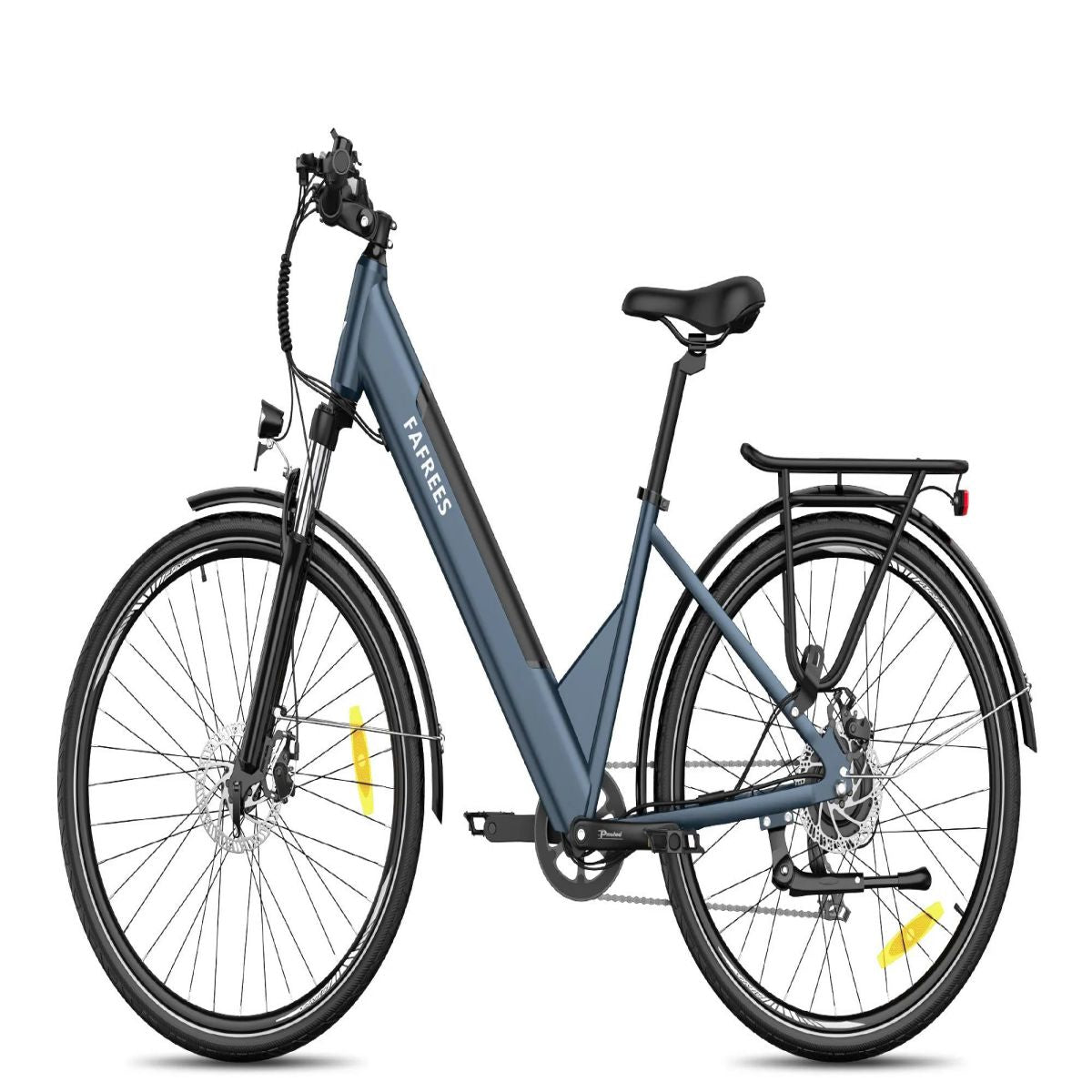 Blaues Citybike mit schwarzen Reifen, Sitz und Gepäckträger.
