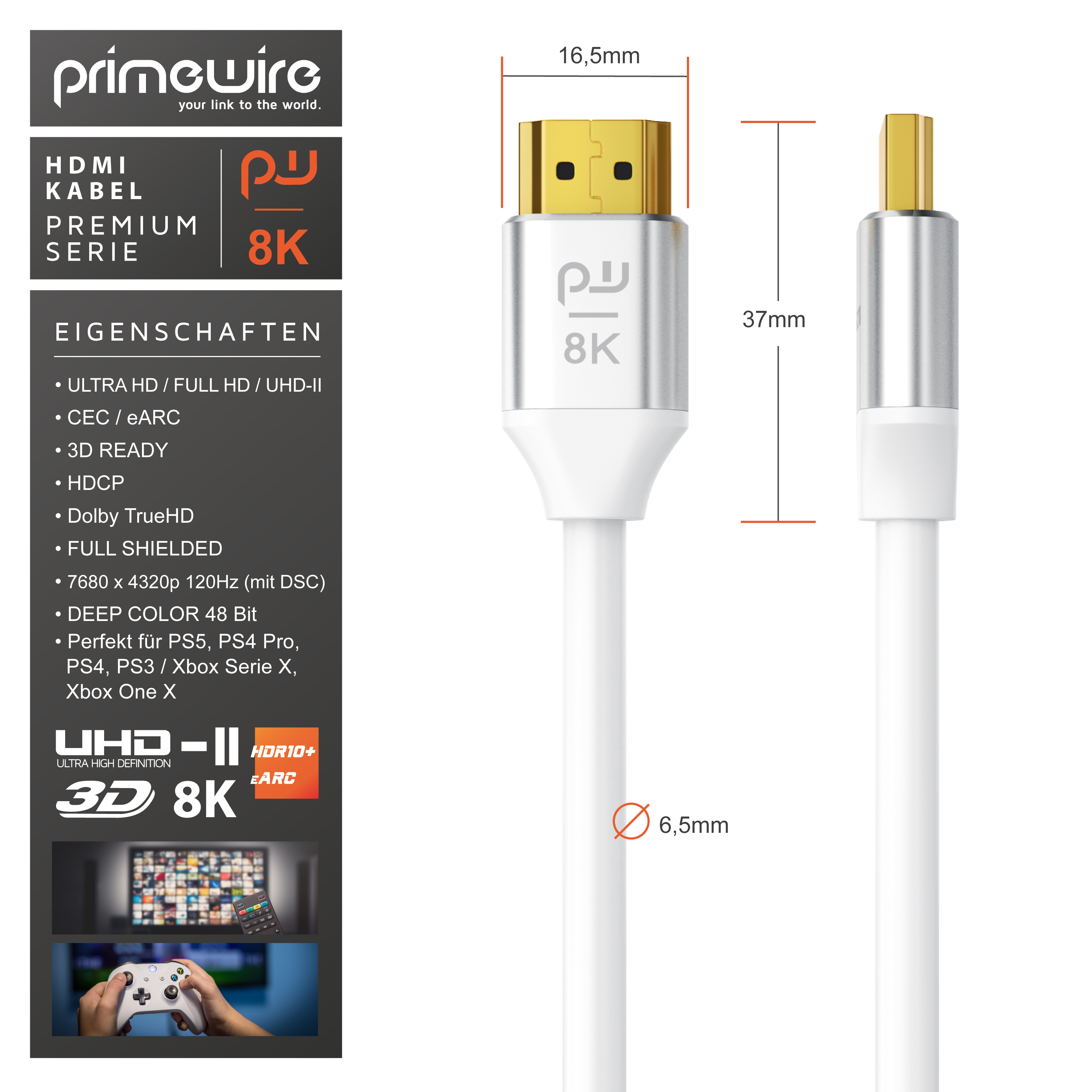 Detaillierte Ansicht eines weißen HDMI-Kabels, das den Stecker und die Spezifikationen mit Diagrammen und Text zeigt.