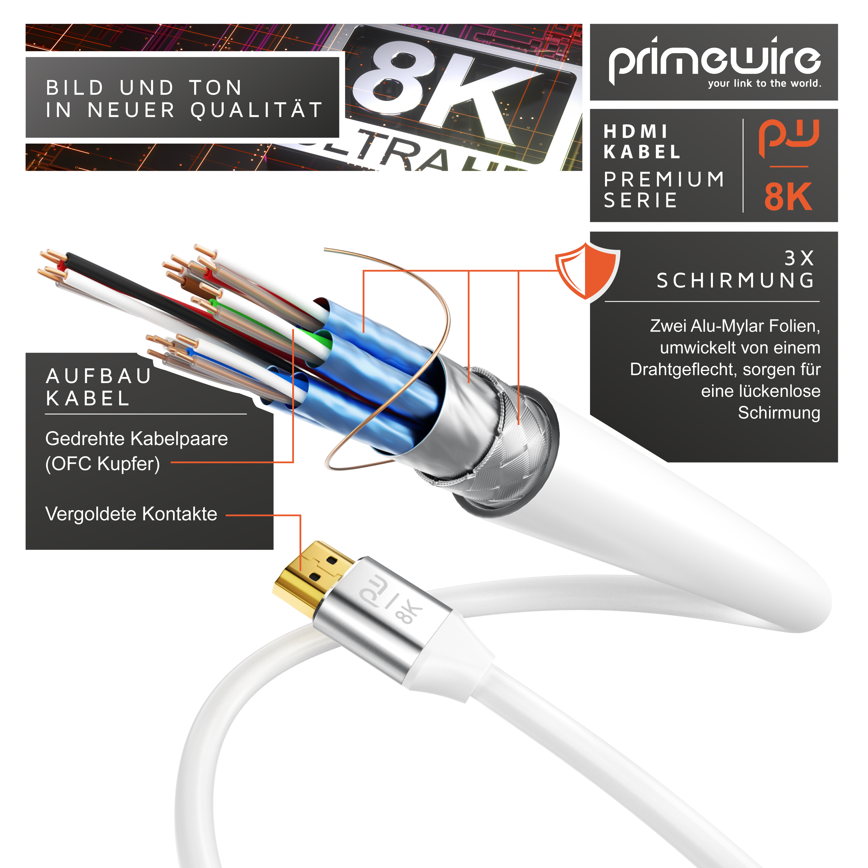 Nahaufnahme eines weißen HDMI-Kabels mit vergoldetem Stecker.
