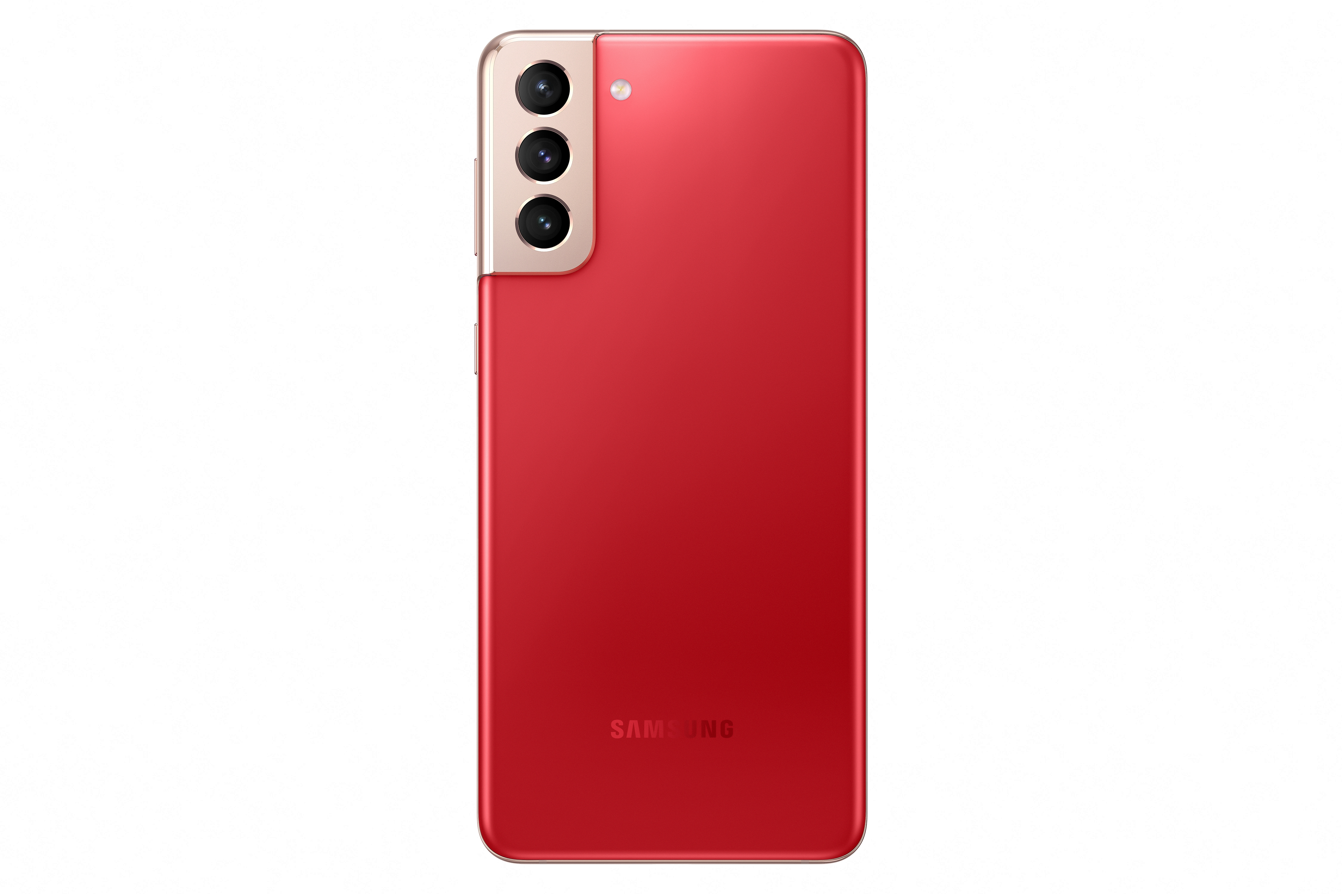 Rotes Samsung S21+-Telefon, Rückansicht. Es hat drei Kameras und ein Samsung-Logo. Der Hintergrund ist weiß.