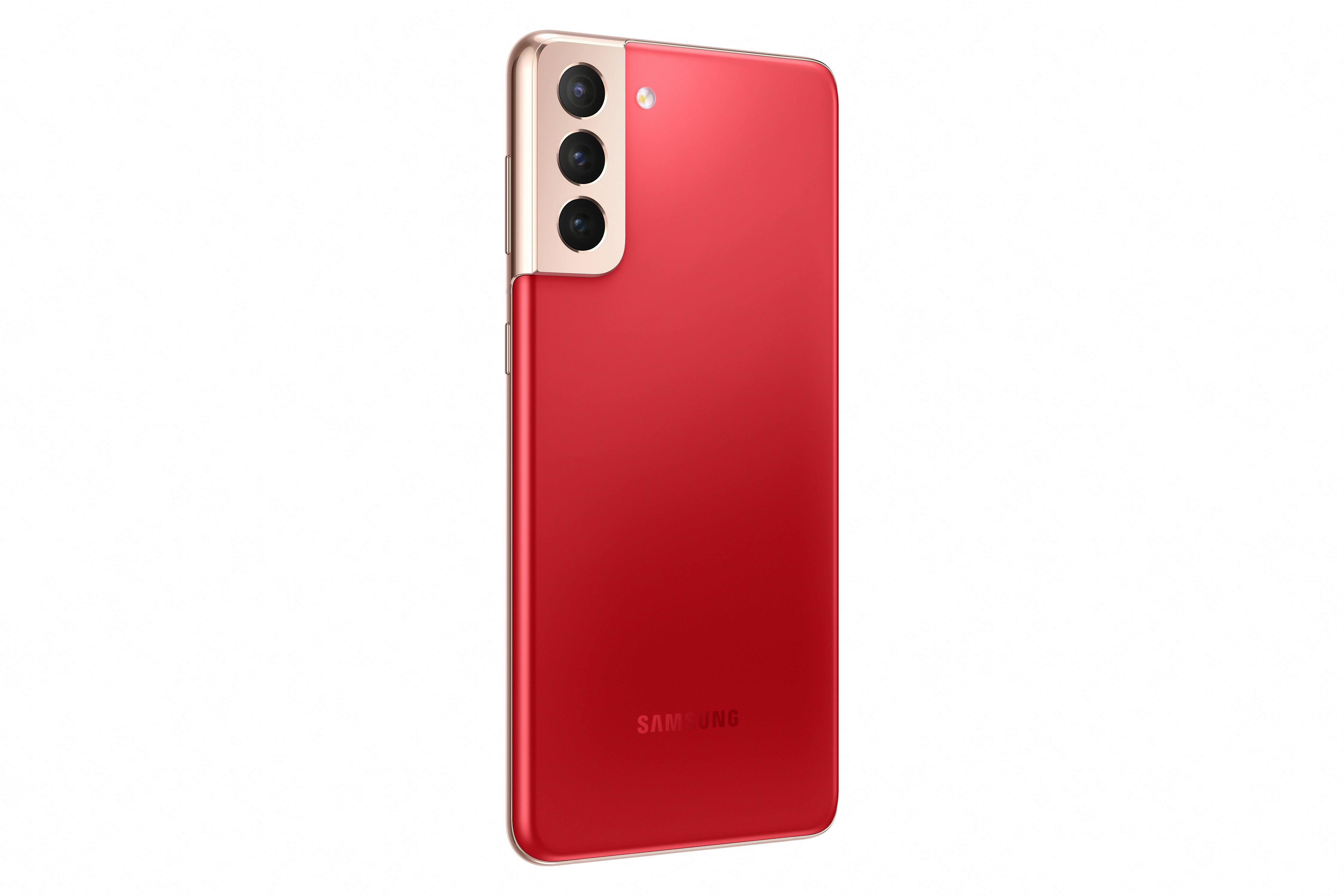 Rotes Mobiltelefon mit goldenem Rahmen, drei Kameras und Samsung-Logo.