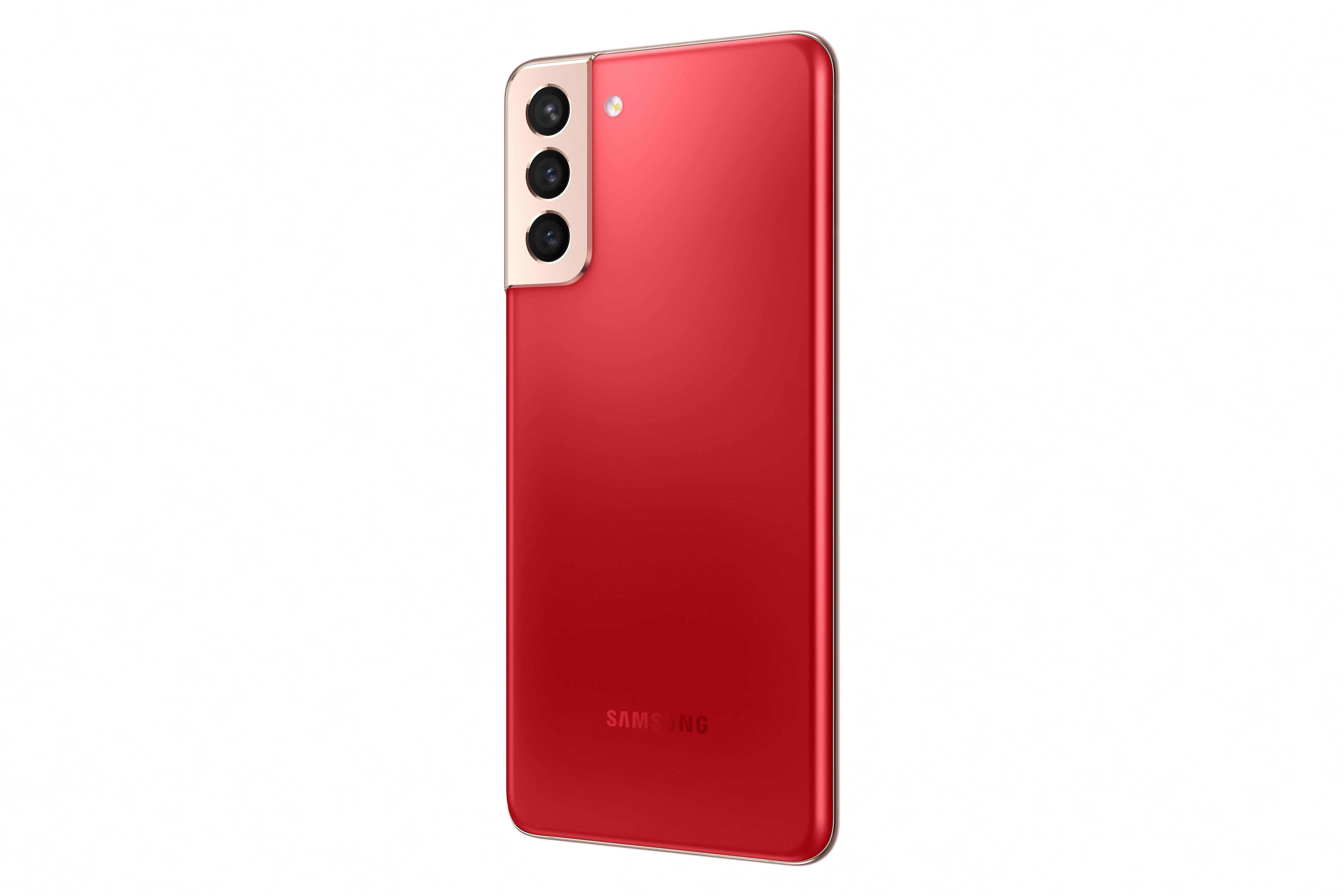 Rotes Samsung S21 Smartphone, Rückansicht, mit drei Kameralinsen und einem goldfarbenen Kamerarahmen.
