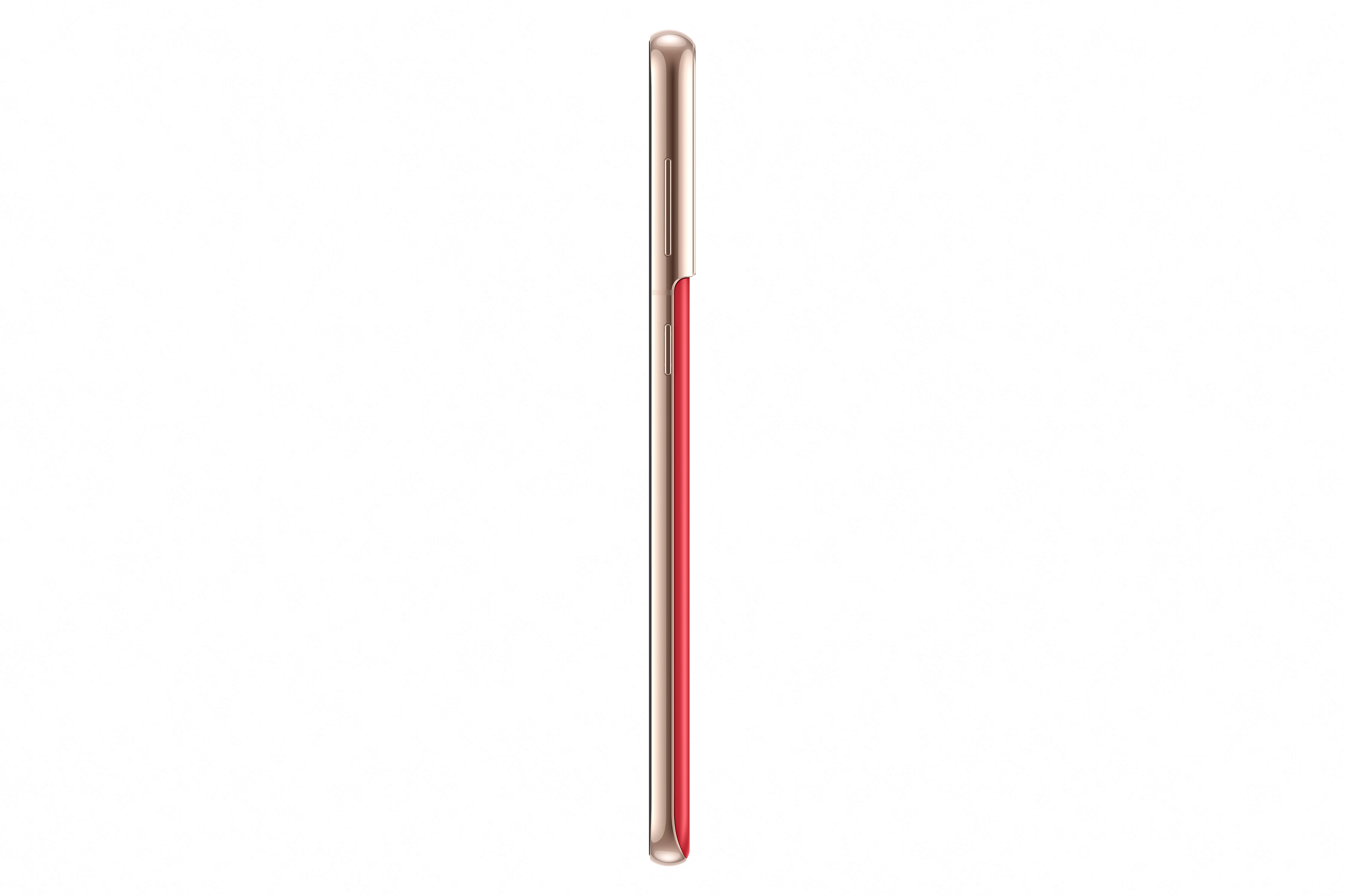Seitenansicht eines roten und goldenen Telefons mit roter Seite.