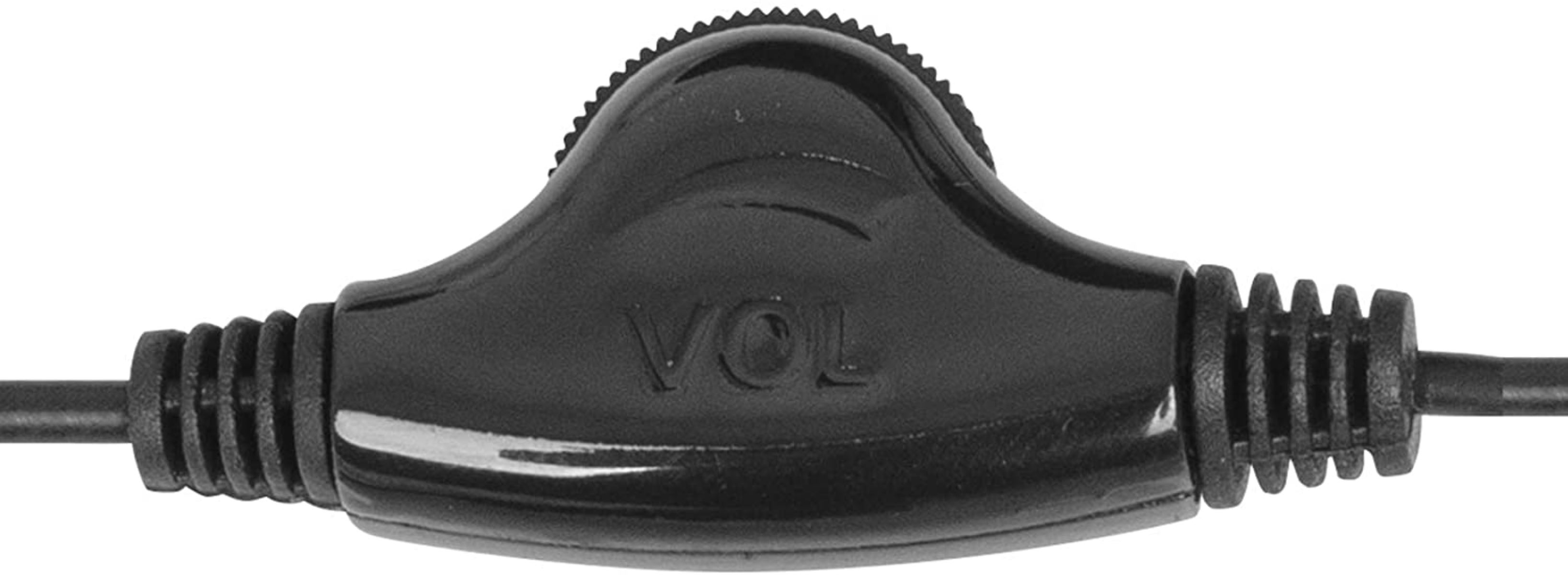 Controllo del volume nero con testo 'VOL'. Primo piano, sfondo nero.