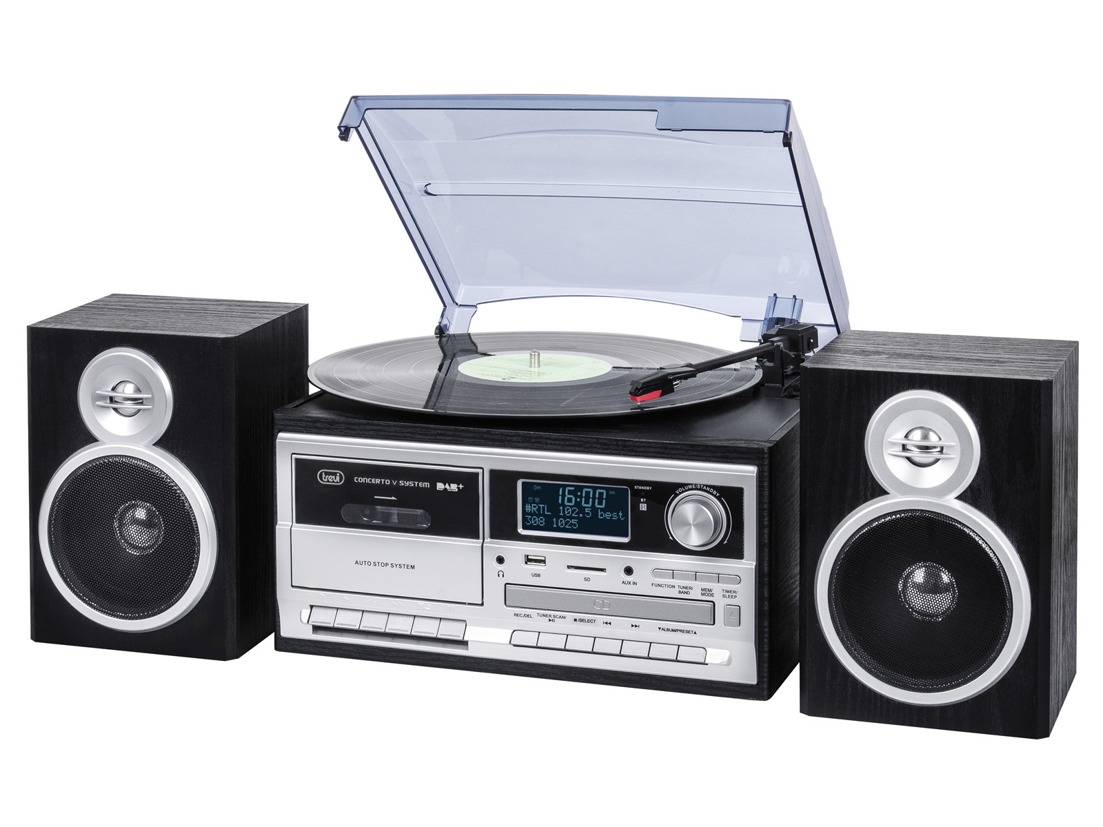 Impianto stereo con giradischi, altoparlanti e mangiacassette. Nero e argento.