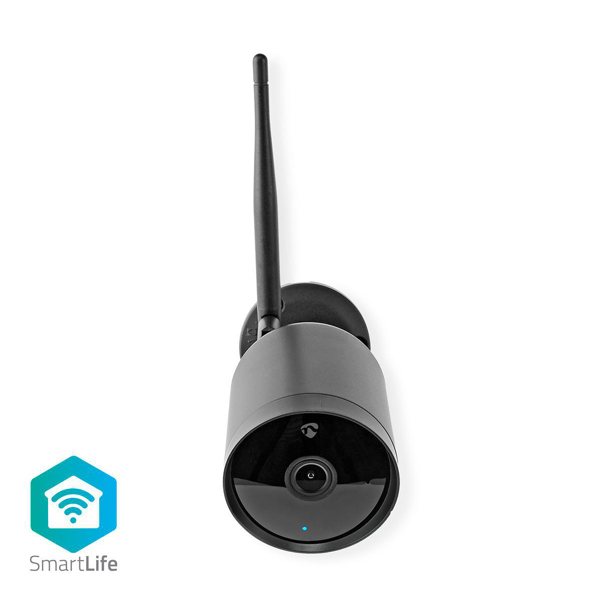 Cámara de vigilancia negra con el logotipo de SmartLife. Fondo blanco.