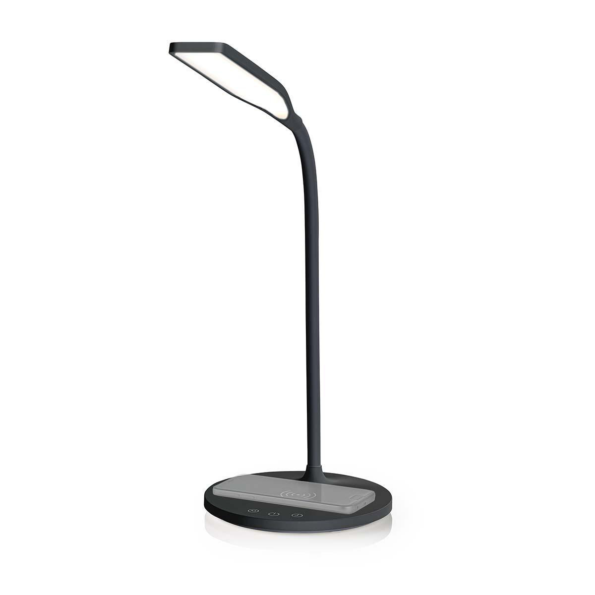 Una moderna lampada da scrivania nera con una testa curva, un lungo stelo e una base rotonda, illuminata dall'alto.