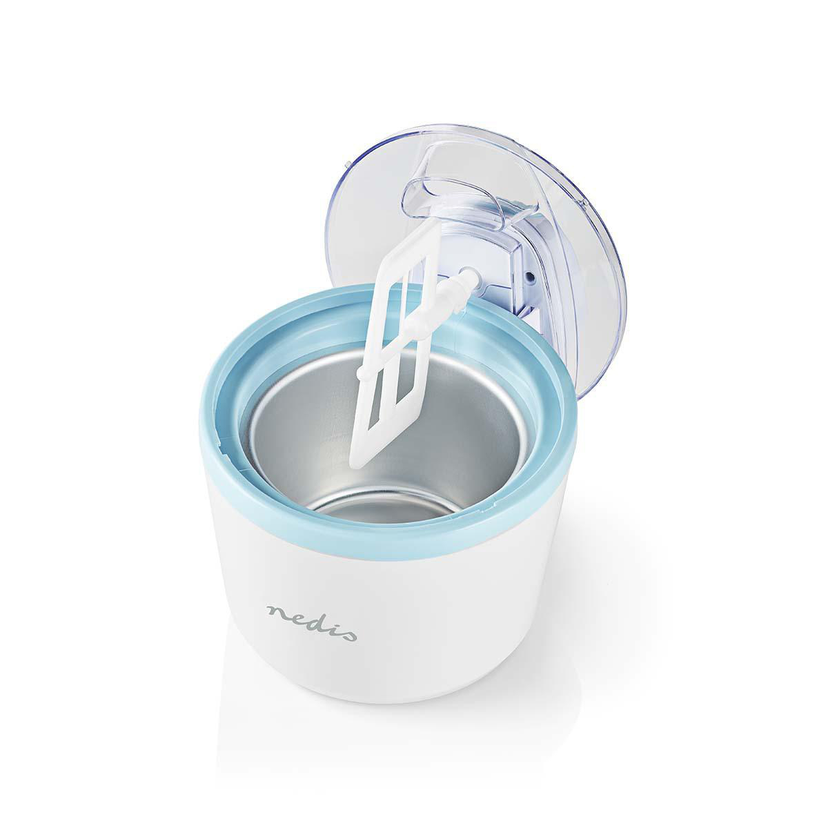 Gelatiera bianca e blu, con coperchio aperto che rivela i componenti interni, isolata.