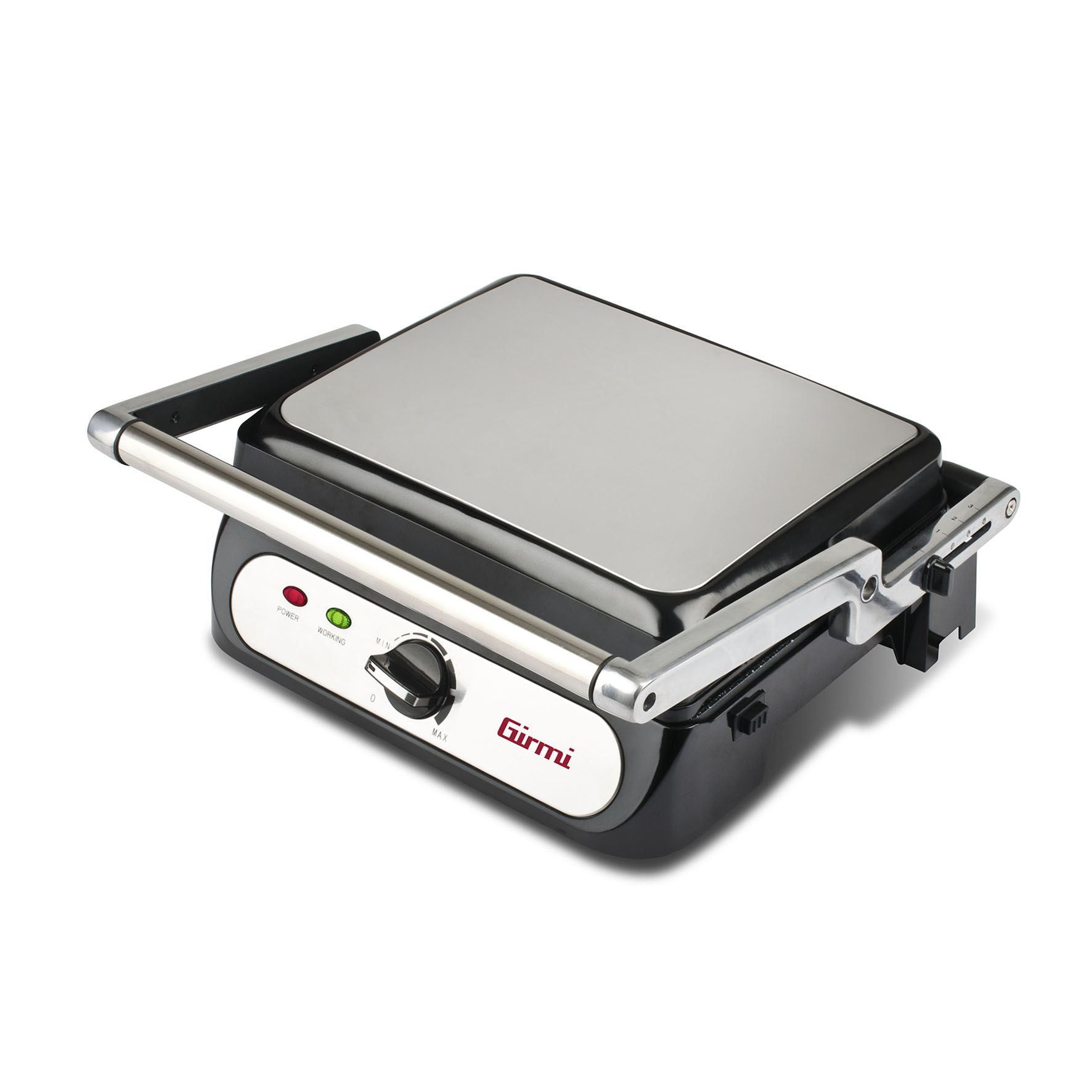 Silber-schwarzer Panini-Grill, Draufsicht, Bedienelemente und Griff sichtbar, weißer Hintergrund.
