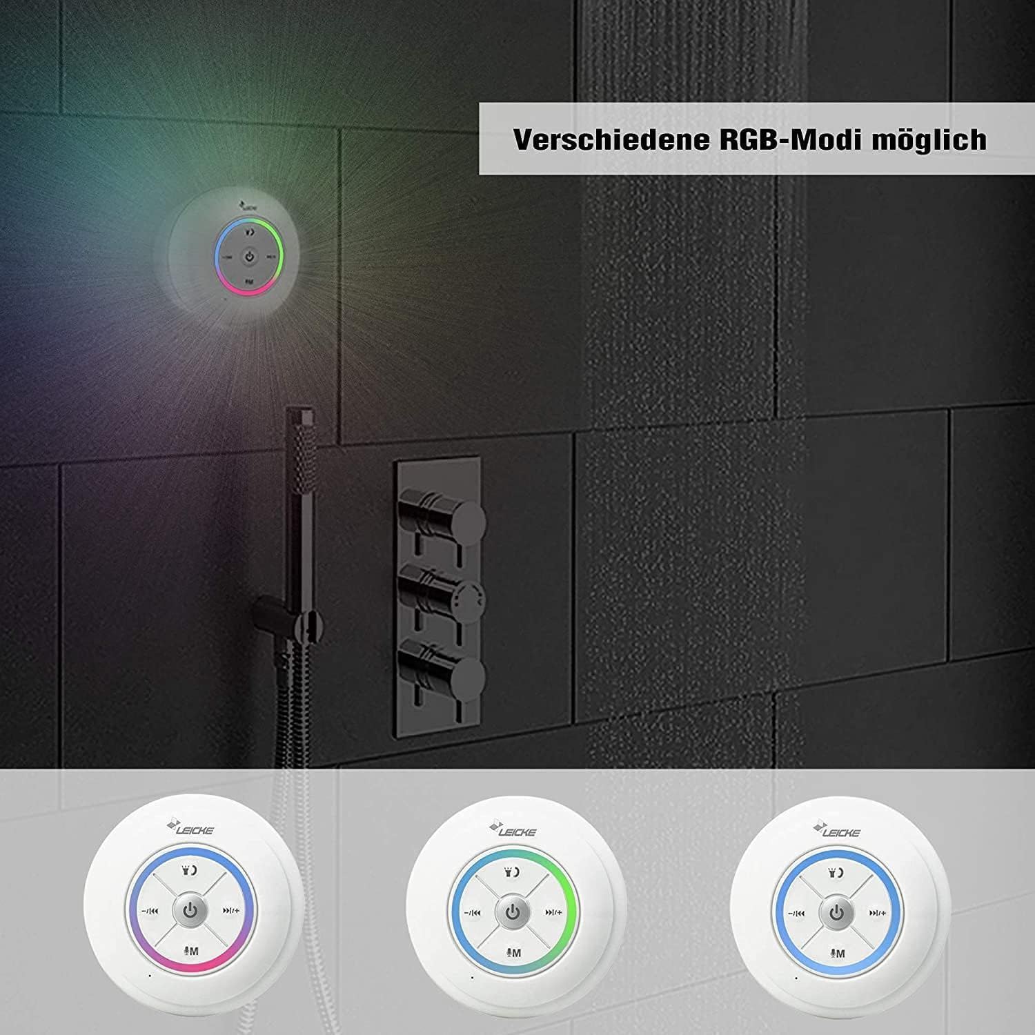 Ein Duschkopf mit kreisförmigem Bedienfeld, das verschiedene RGB-Modi anzeigt, vor einer schwarzen gefliesten Wand.