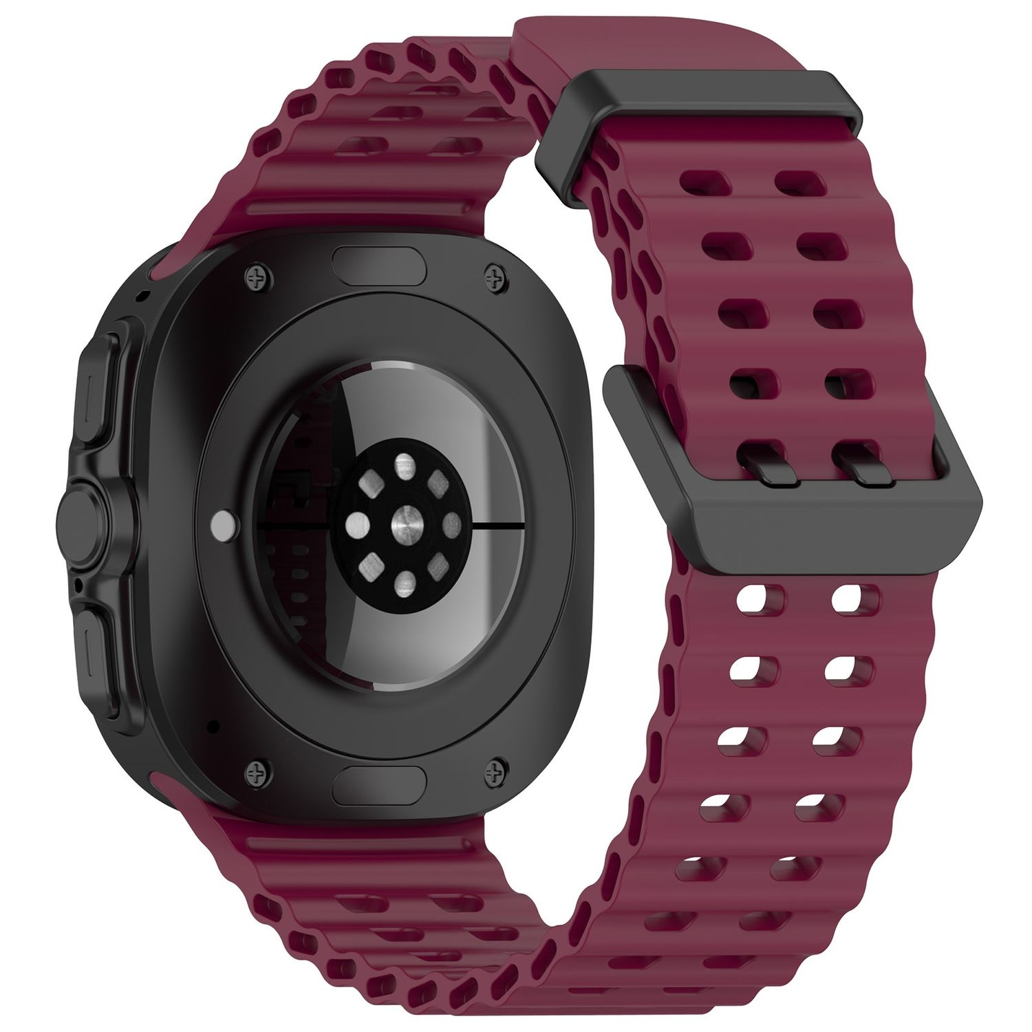 Burgunderfarbene Smartwatch mit passendem Armband. Rückansicht, schwarzes Gehäuse.