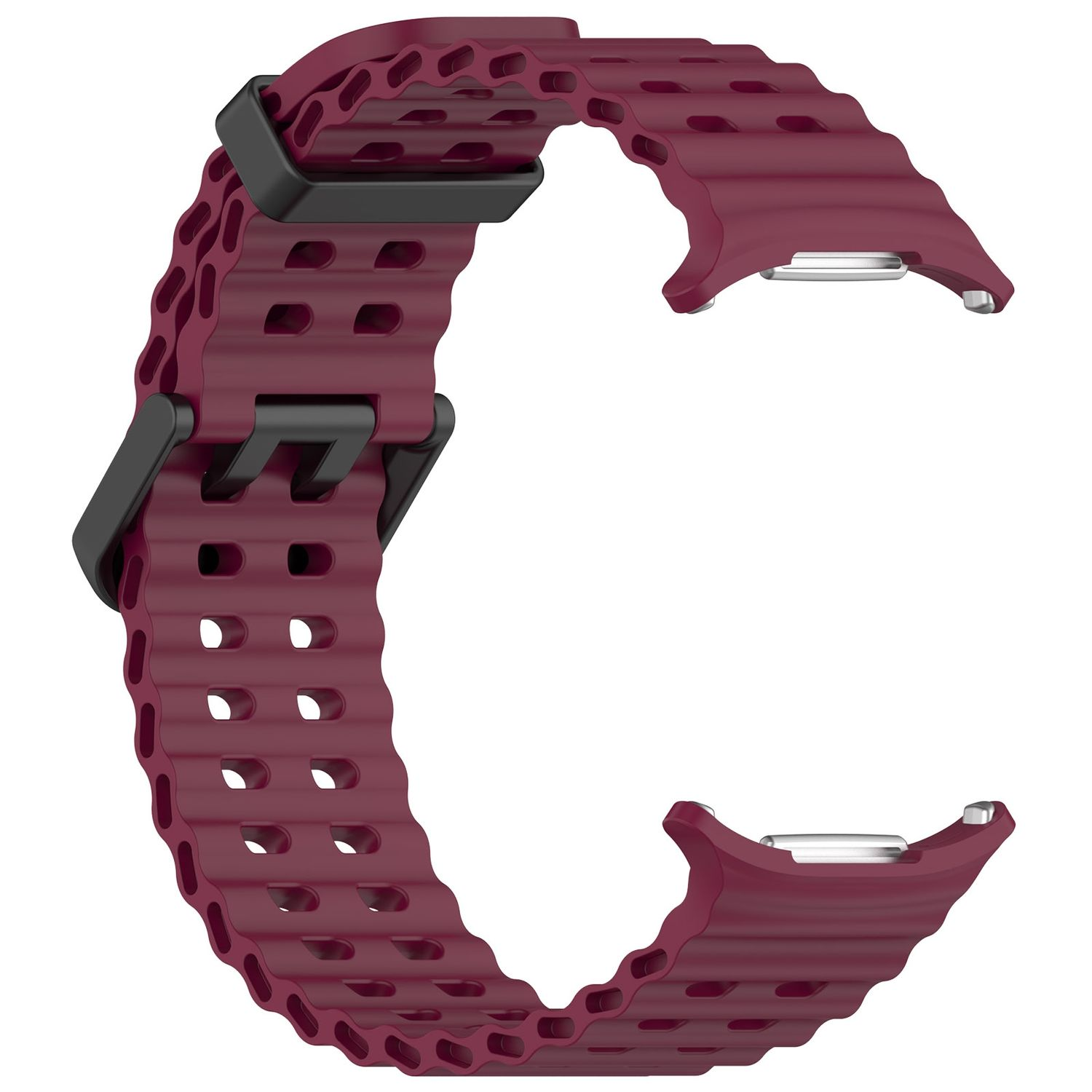 Burgunderfarbenes Uhrenarmband mit schwarzen Verschlüssen. Perforiertes Design.