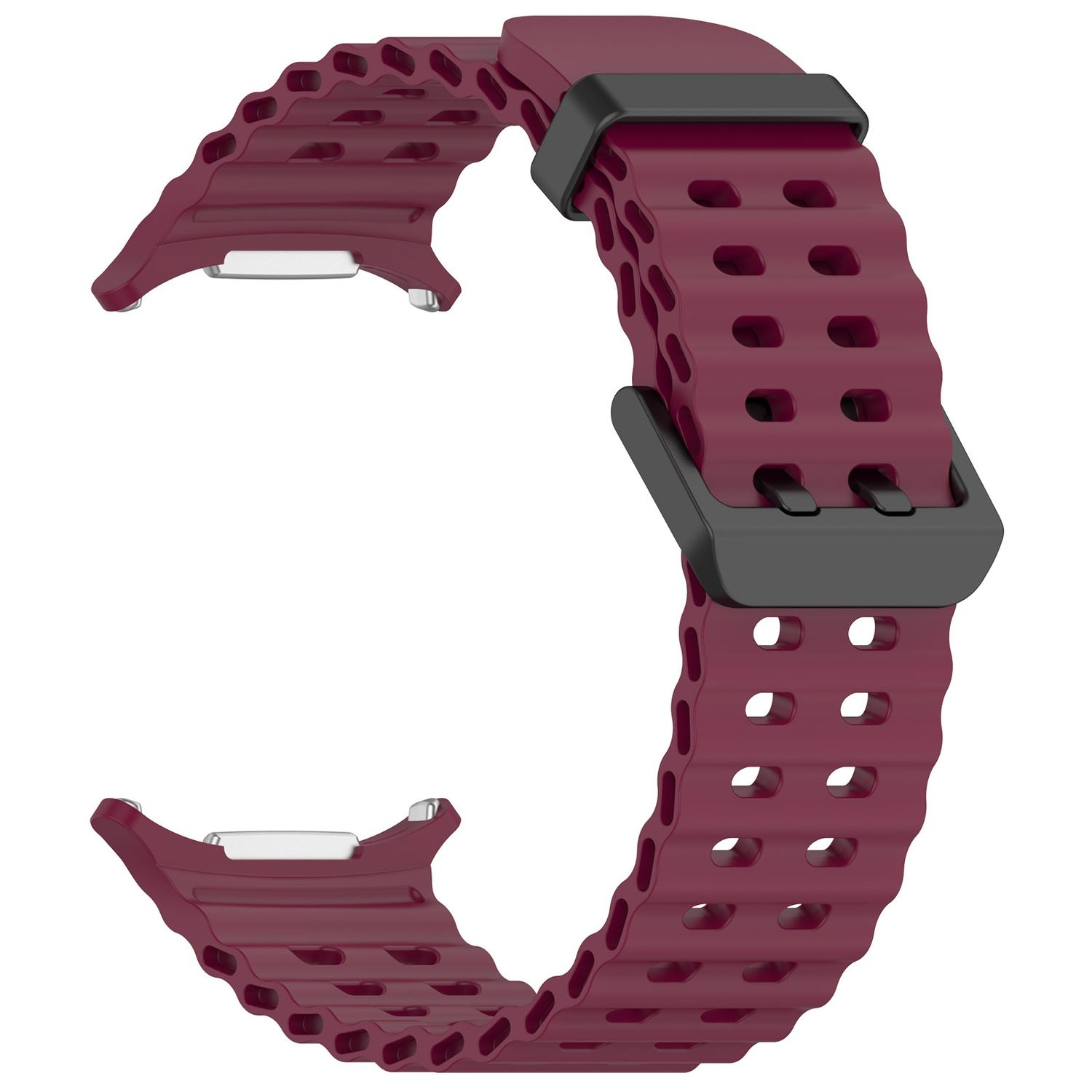 Burgunderfarbenes Uhrenarmband mit schwarzer Schnalle. Perforiertes Design.