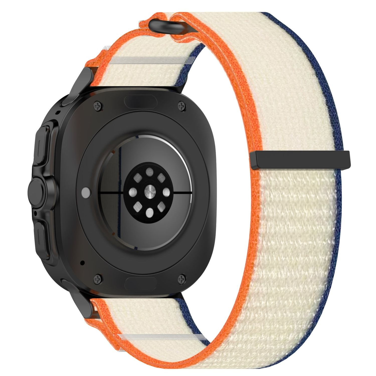 Eine Smartwatch am Handgelenk. Die Uhr ist schwarz mit einem weißen und orangenen Armband.