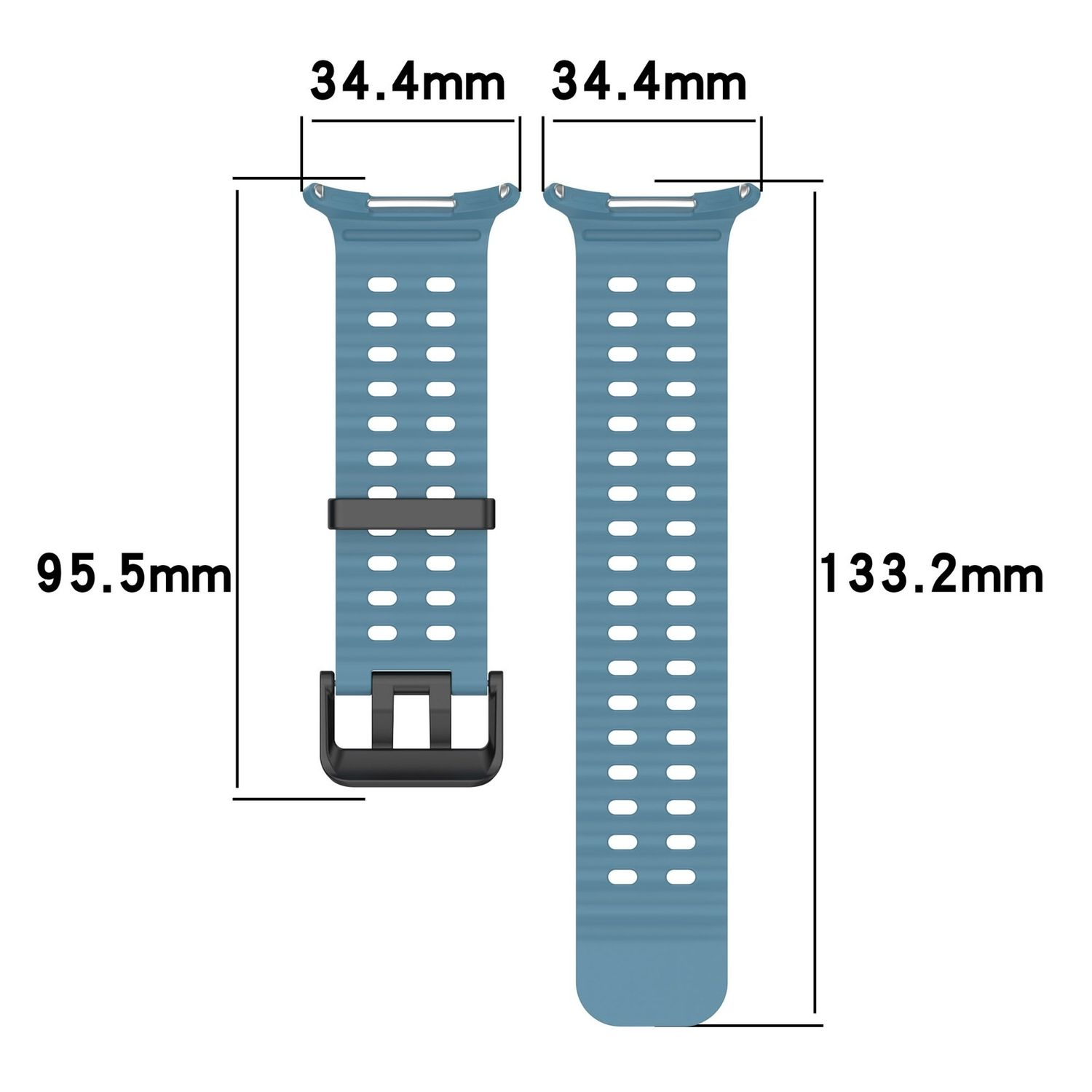 Blaues Uhrenarmband mit Abmessungen. Die Abmessungen sind 34,4 mm und 95,5 mm sowie 133,2 mm.