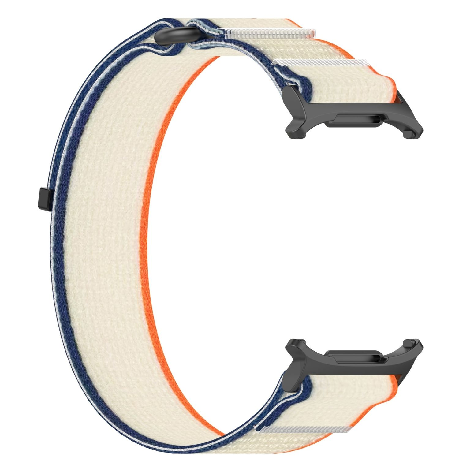 Cremefarbenes und blaues Uhrenarmband mit schwarzen Anschlüssen und orangefarbenen Akzenten.