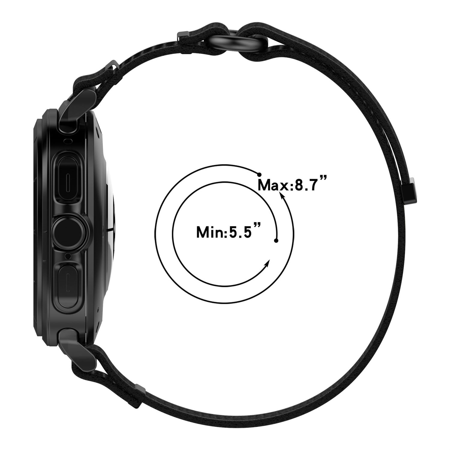 Schwarze Smartwatch mit schwarzem Armband. Kreis zeigt minimale und maximale Handgelenkgrößen.