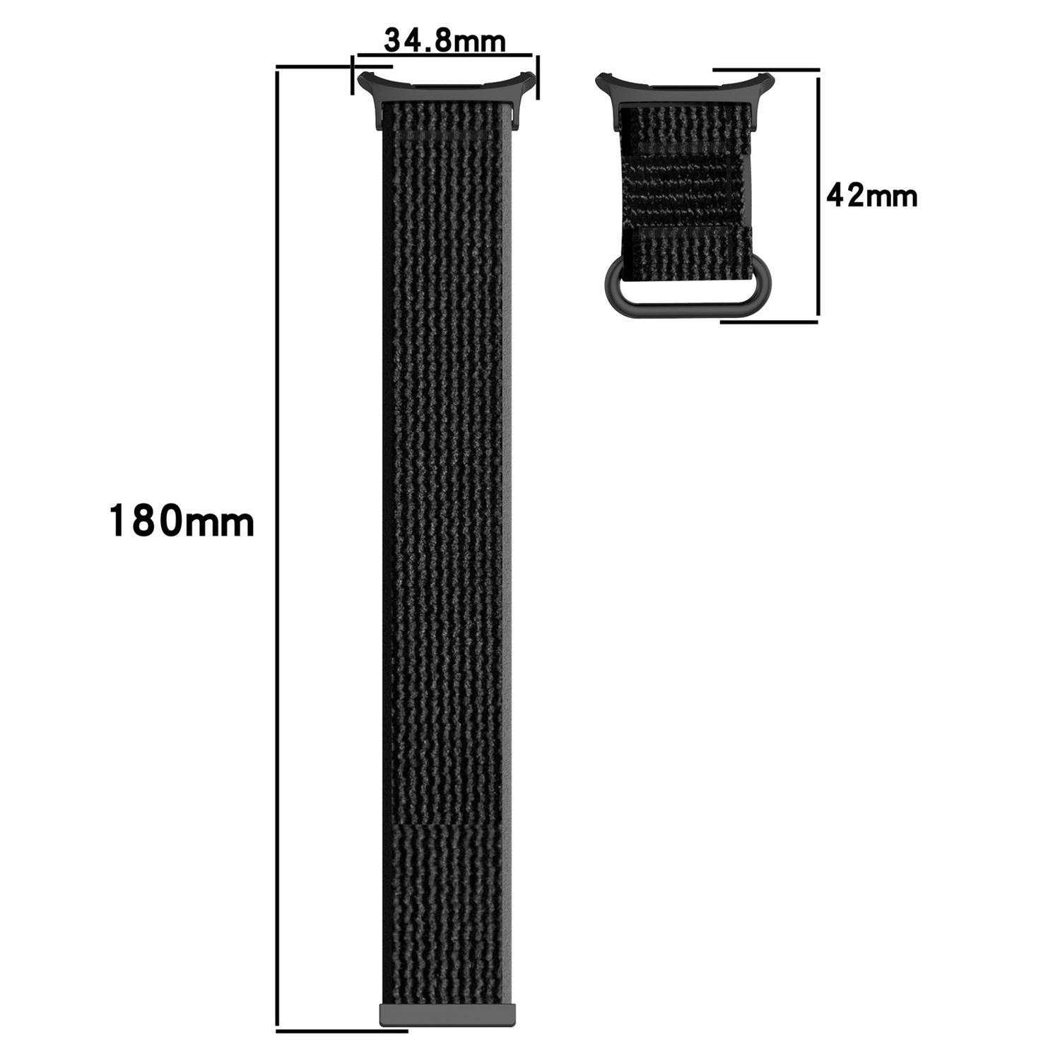 Schwarzes Uhrenarmband mit Abmessungen: 180 mm Länge, 34,8 mm Breite und 42 mm Höhe.
