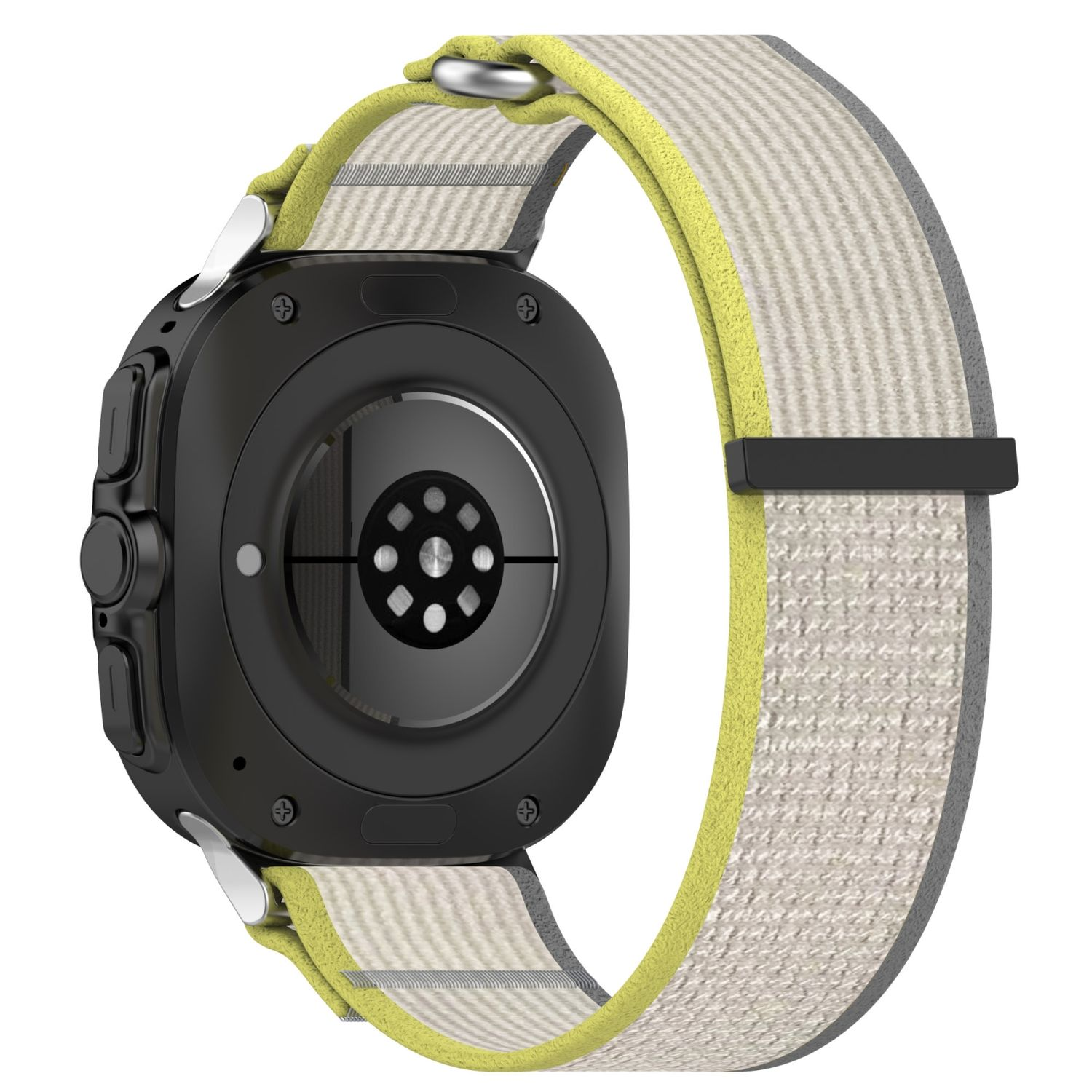 Schwarze Smartwatch mit hellgrünem und grauem Band. Die Rückseite zeigt den Sensor und Ladepunkte.