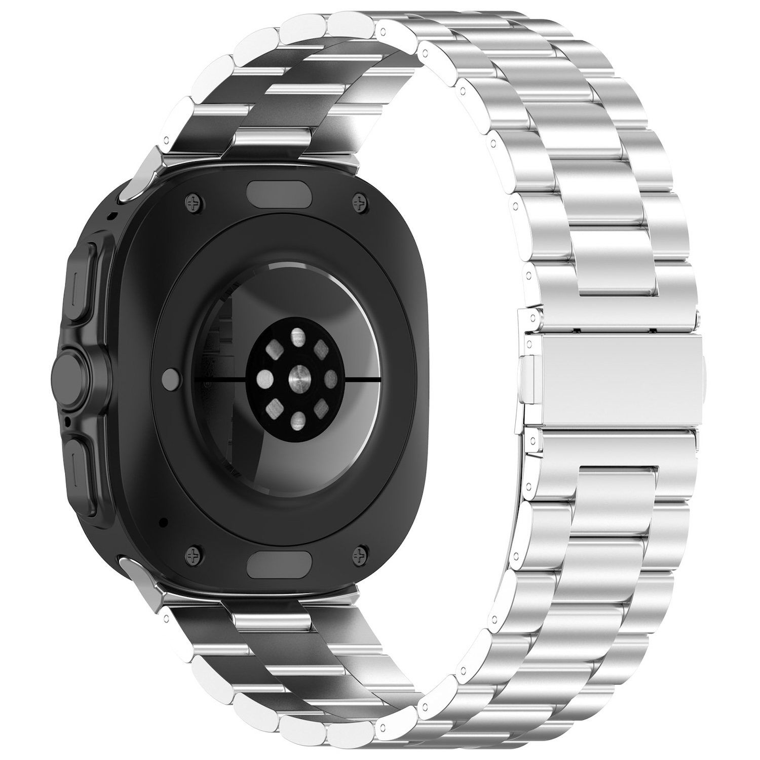 Rückansicht einer Smartwatch mit Metallarmband, zeigt Sensor und Band.