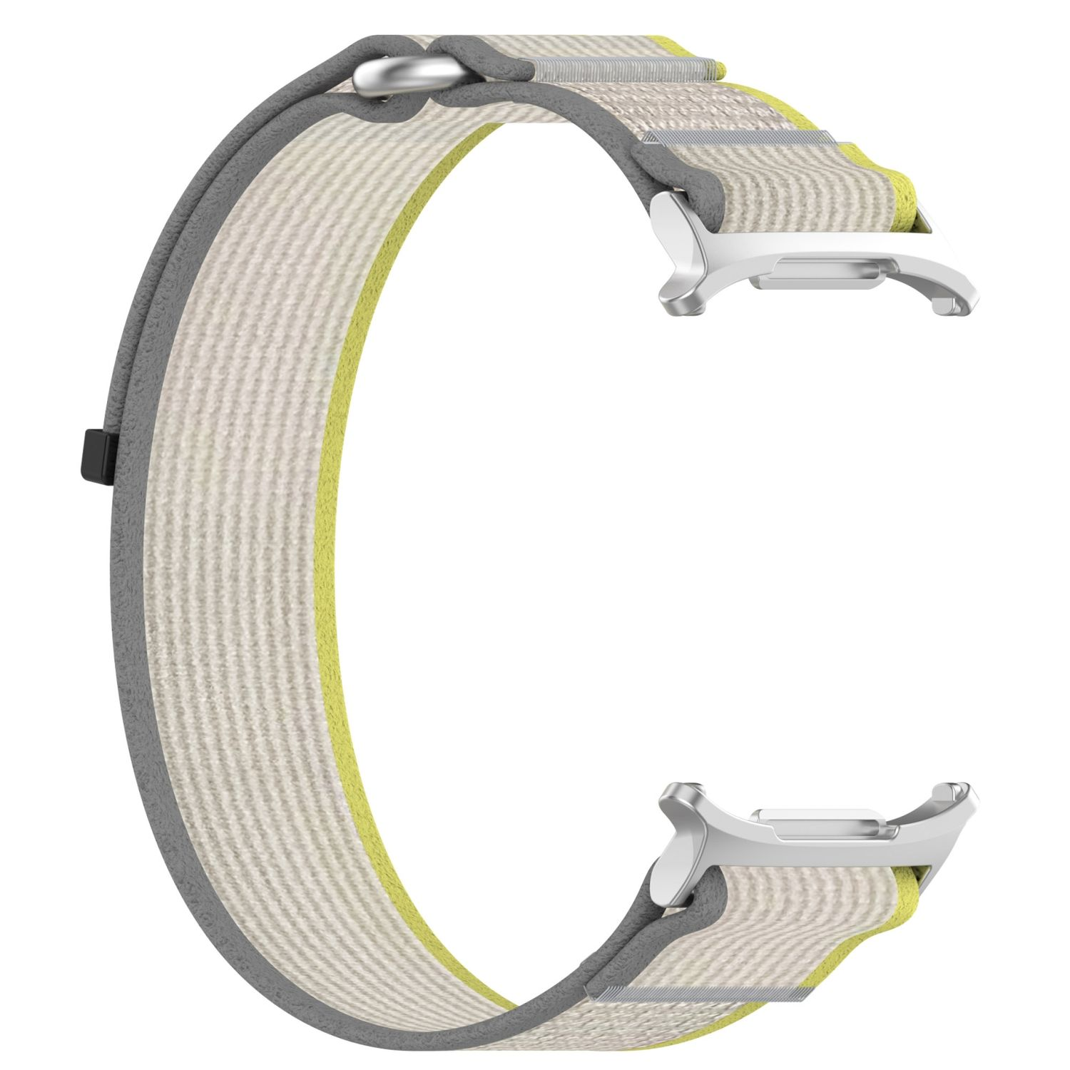 Graues und cremefarbenes Uhrenarmband mit grünen Akzenten und silberner Schnalle.