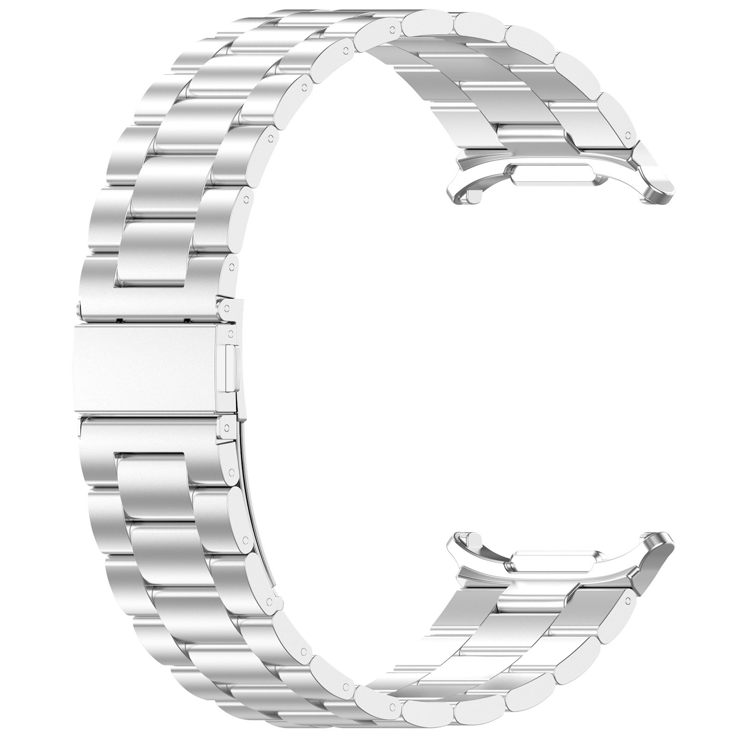 Ein silbernes Uhrenarmband mit Schließe, bestehend aus miteinander verbundenen rechteckigen Gliedern.