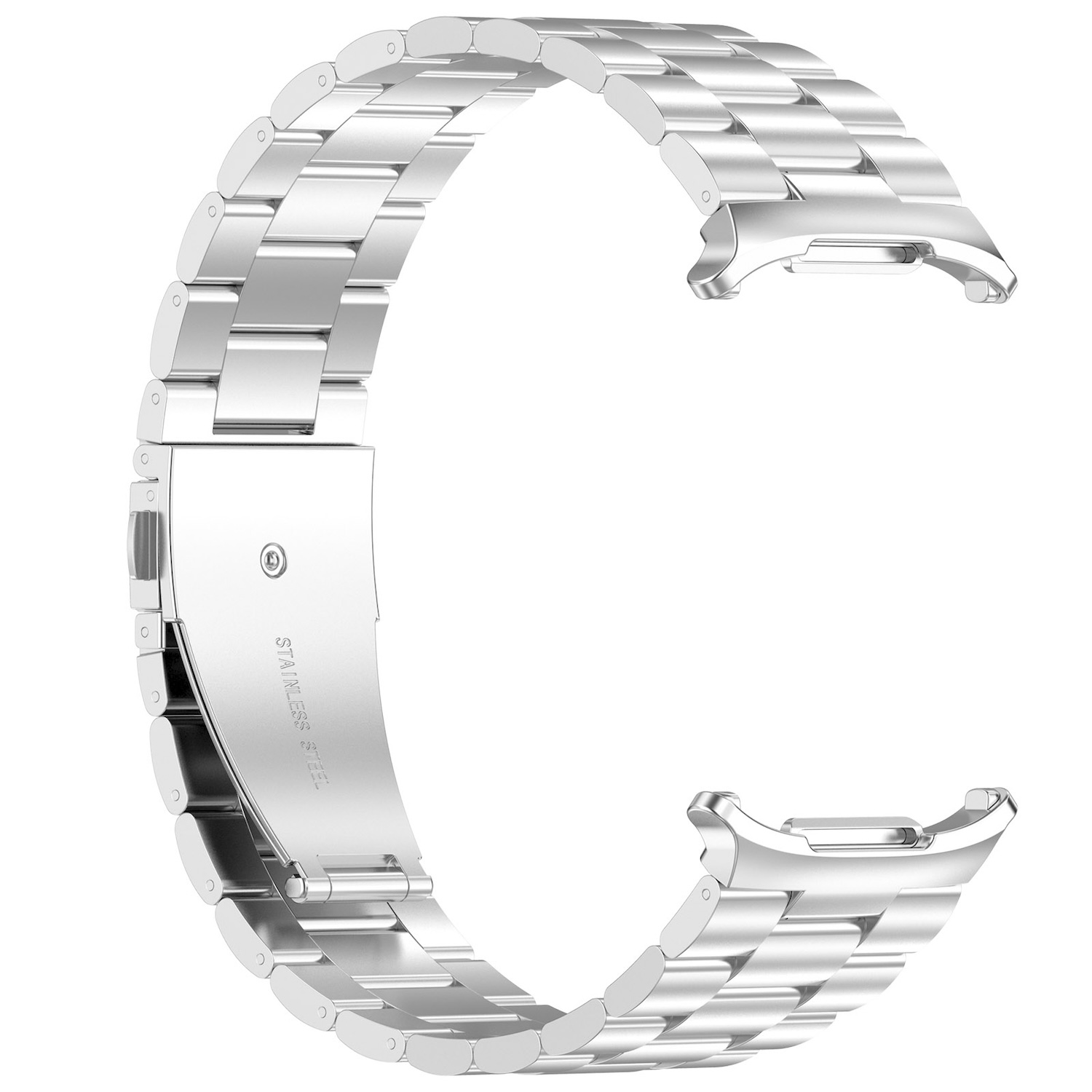 Ein silbernes Edelstahl-Uhrenarmband, C-förmig gebogen.