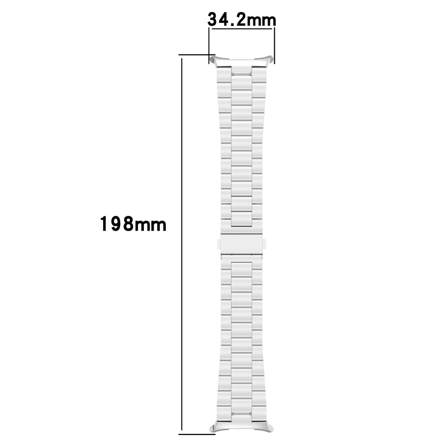 Ein silbernes Uhrenarmband mit Abmessungen. Das Band ist 198 mm lang und 34,2 mm breit.