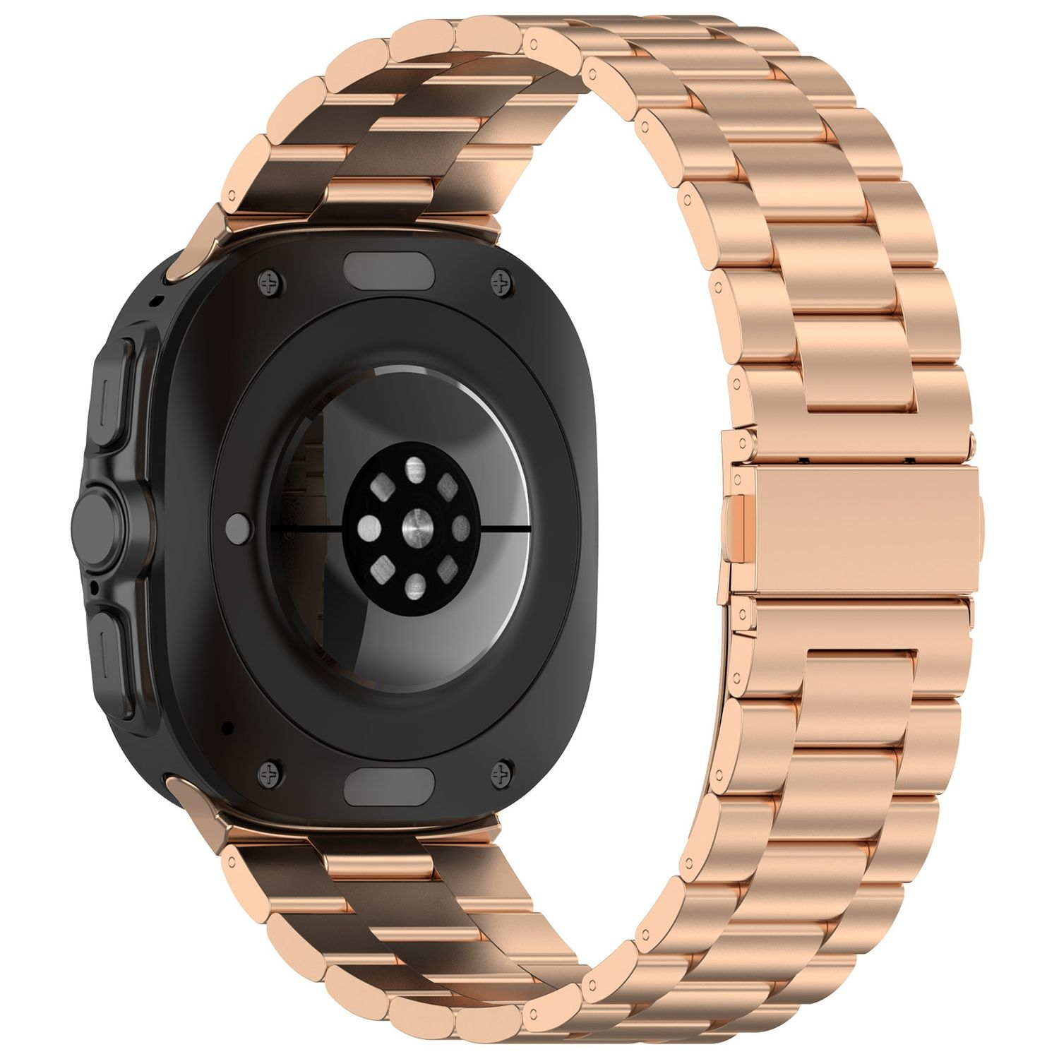Roségoldene Smartwatch mit Metallarmband. Rückansicht mit sichtbaren Sensoren. Nahaufnahme.