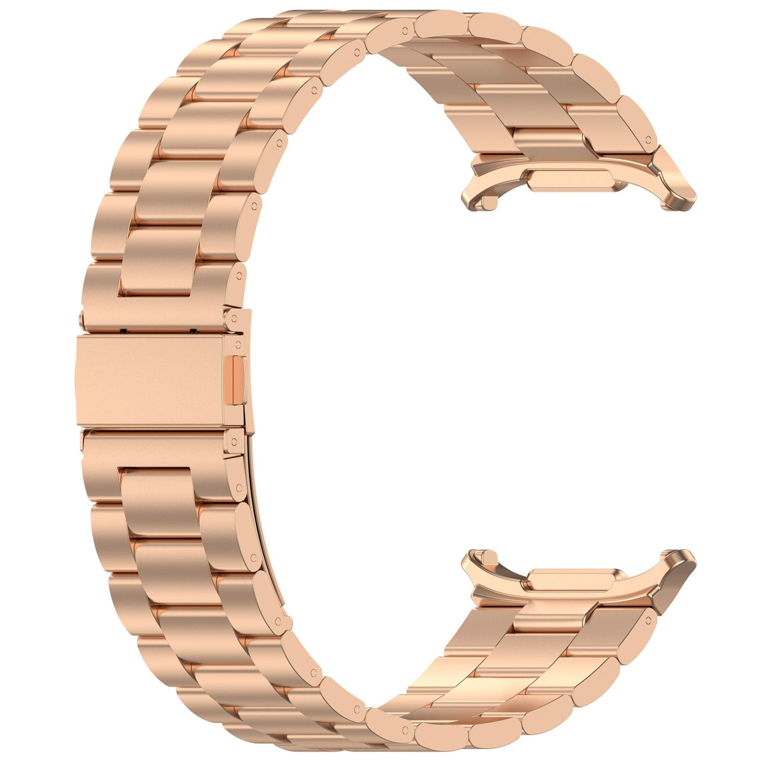 Roségoldenes Uhrenarmband mit Verschluss. Das Band besteht aus Metallgliedern.