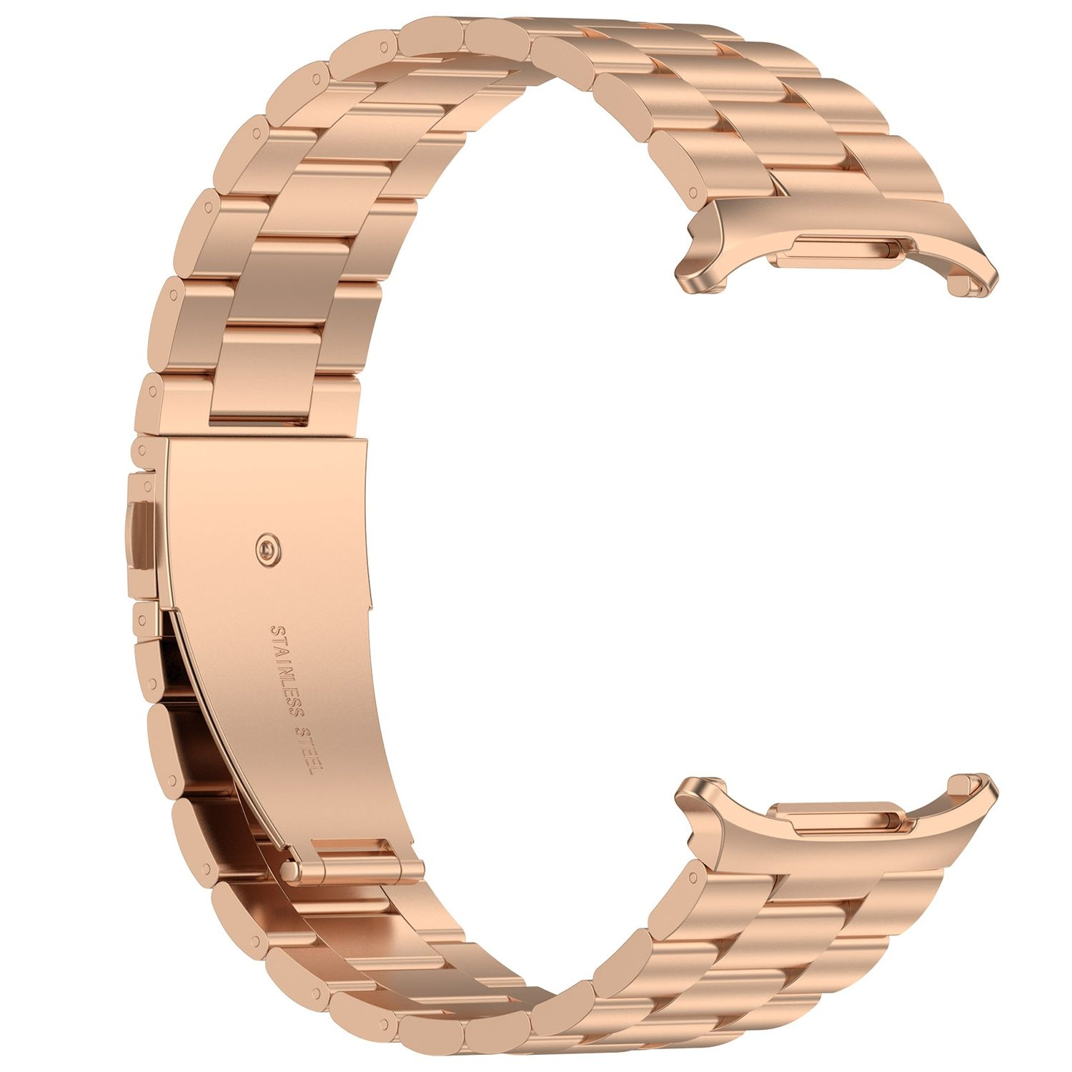 Ein roségoldenes Metall-Uhrenarmband in gebogener, offener Form.