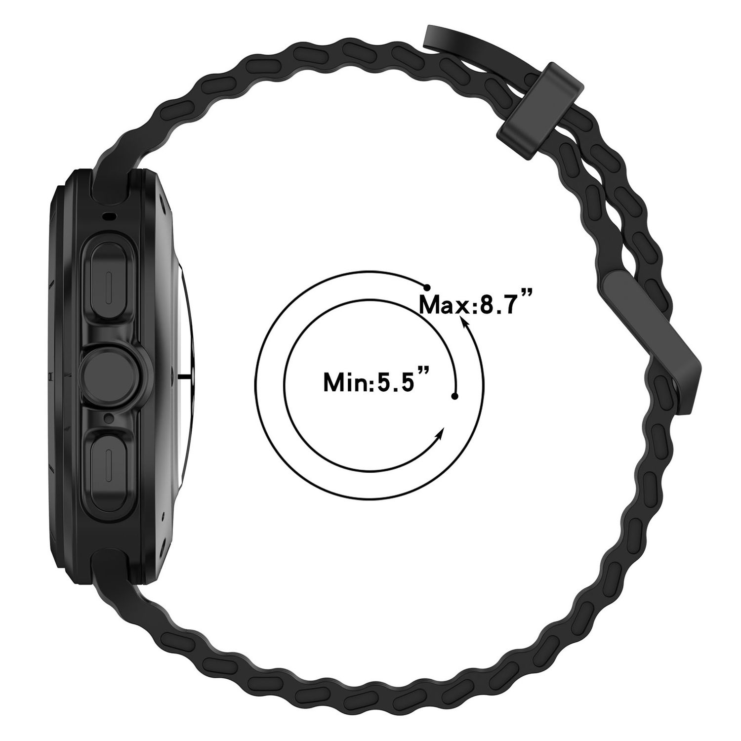 Schwarze Uhr mit gewelltem schwarzen Armband. Das Zifferblatt hat eine kreisförmige Messung.