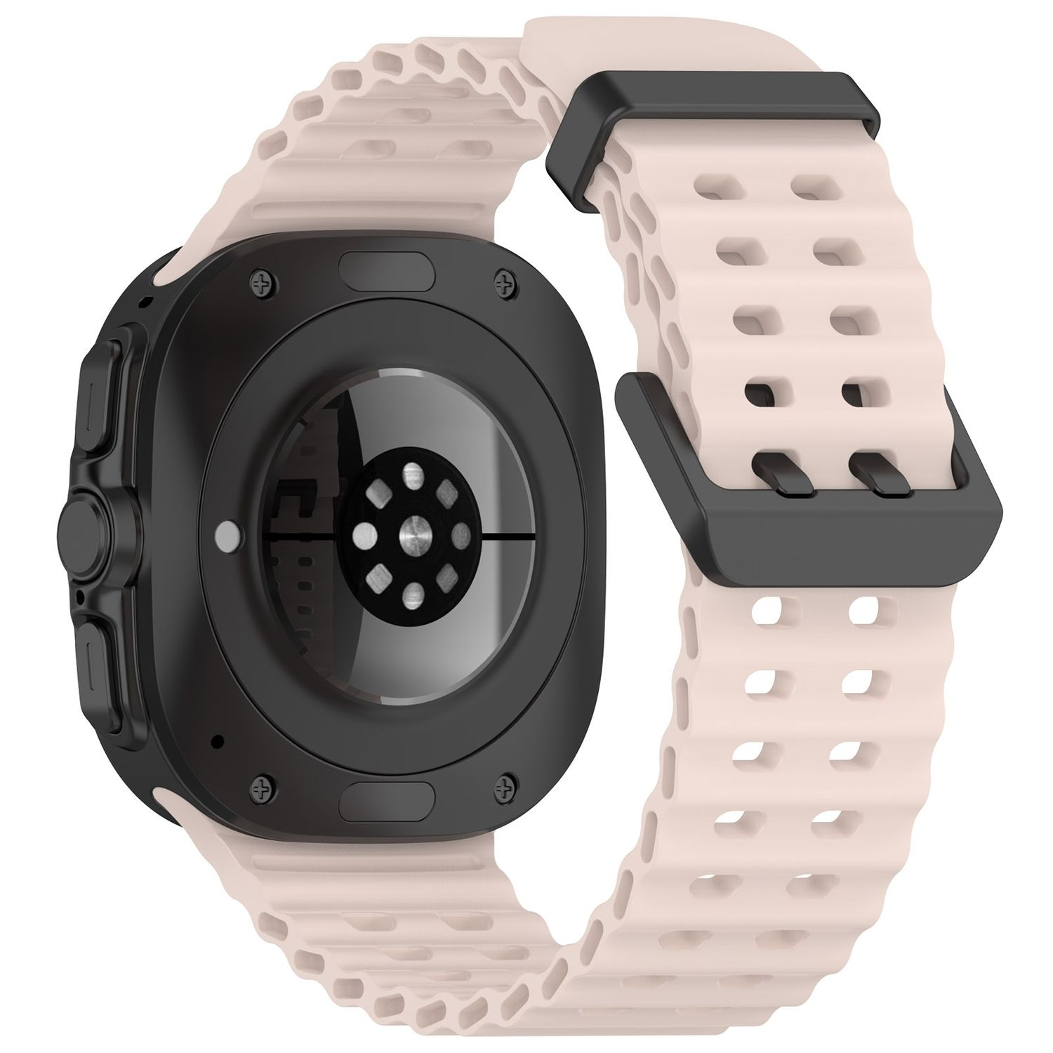 Eine schwarze Smartwatch mit rosa Armband, die Rückseite ist abgebildet.
