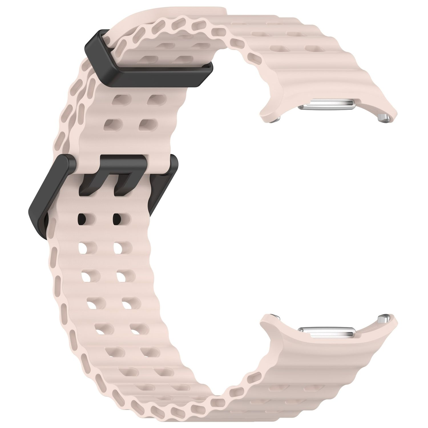 Ein rosa Uhrenarmband mit schwarzen Verschlüssen. Das Armband hat ein strukturiertes, wellenförmiges Muster.