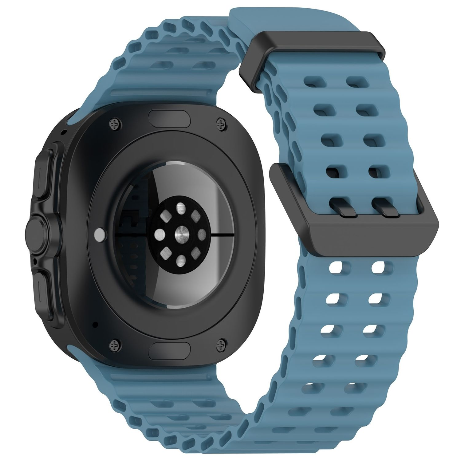 Rückansicht einer Smartwatch. Blaues Armband, schwarzes Zifferblatt mit Sensoren und Knöpfen.