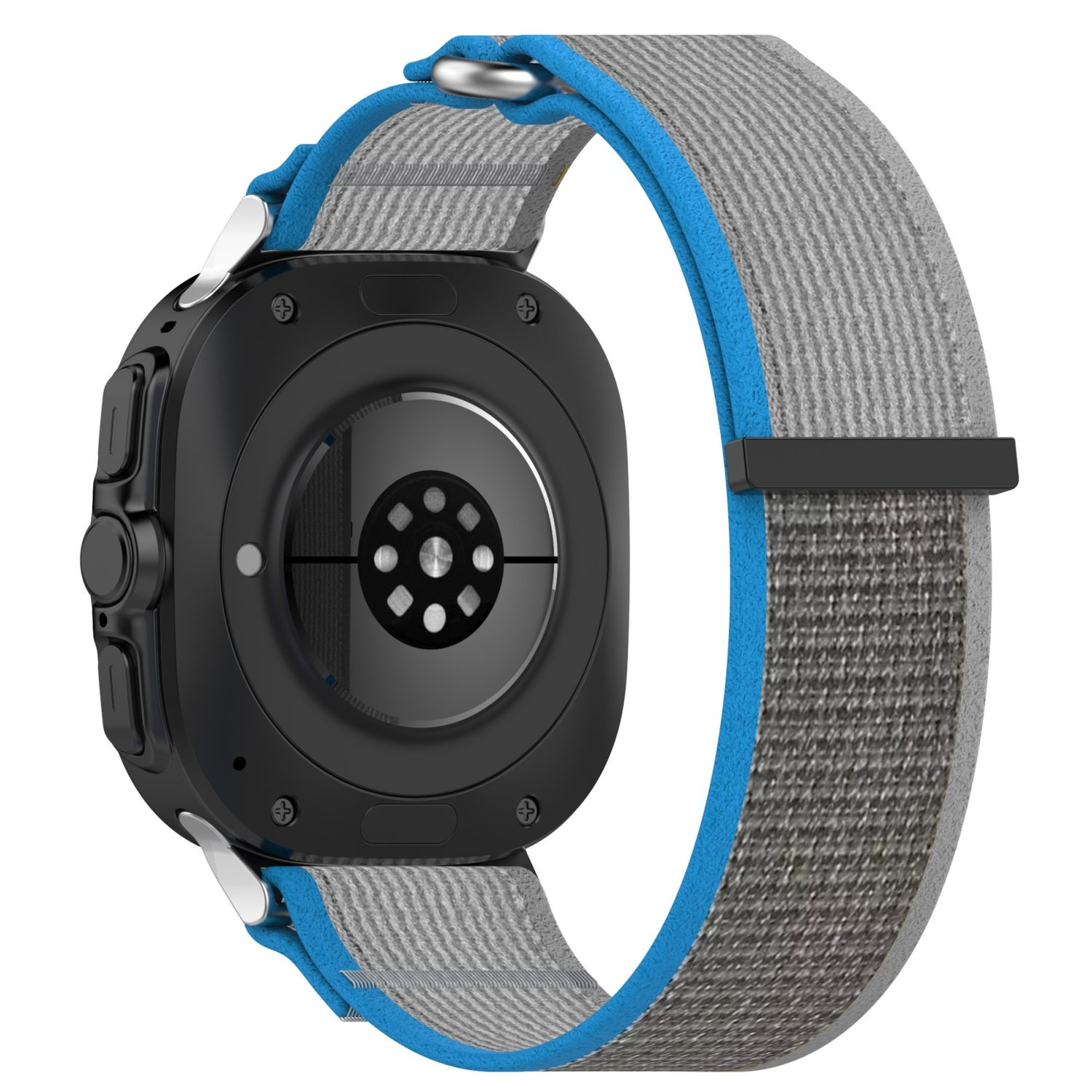 Schwarze Smartwatch mit grau-blauem Armband. Die Rückseite der Uhr mit Sensoren ist sichtbar.