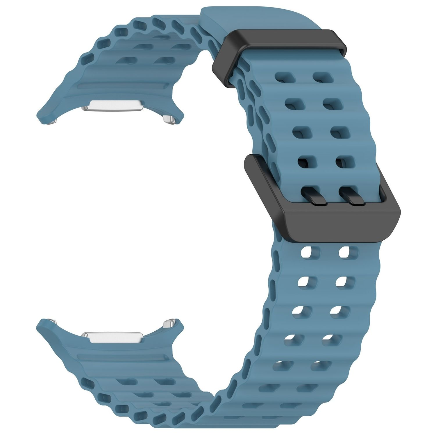 Blaues Uhrenarmband mit schwarzer Schnalle, zeigt Löcher zur Anpassung.