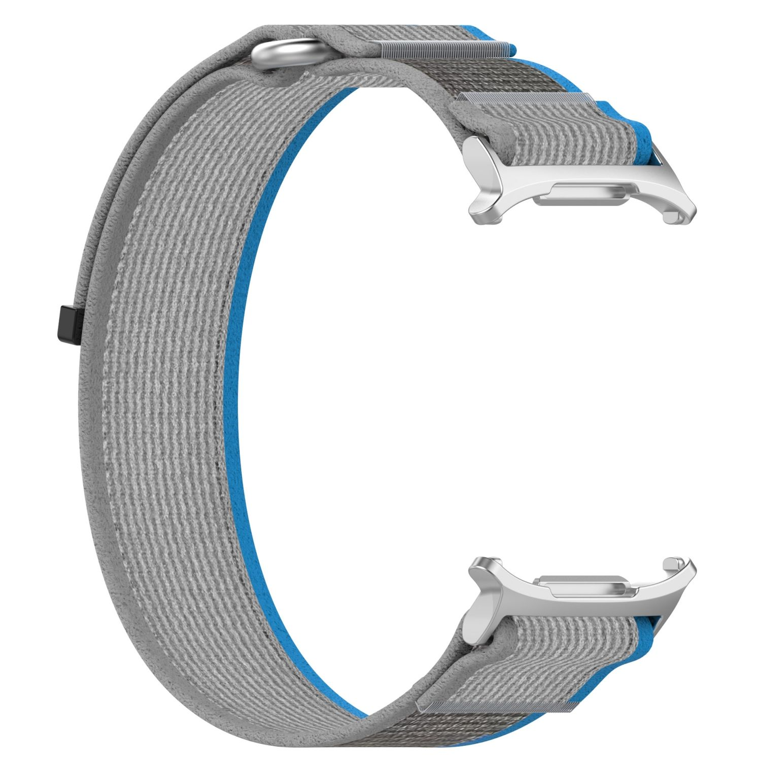 Grau-blaues Uhrenarmband mit silbernen Schnallen, vor hellgrau-blauem Hintergrund.