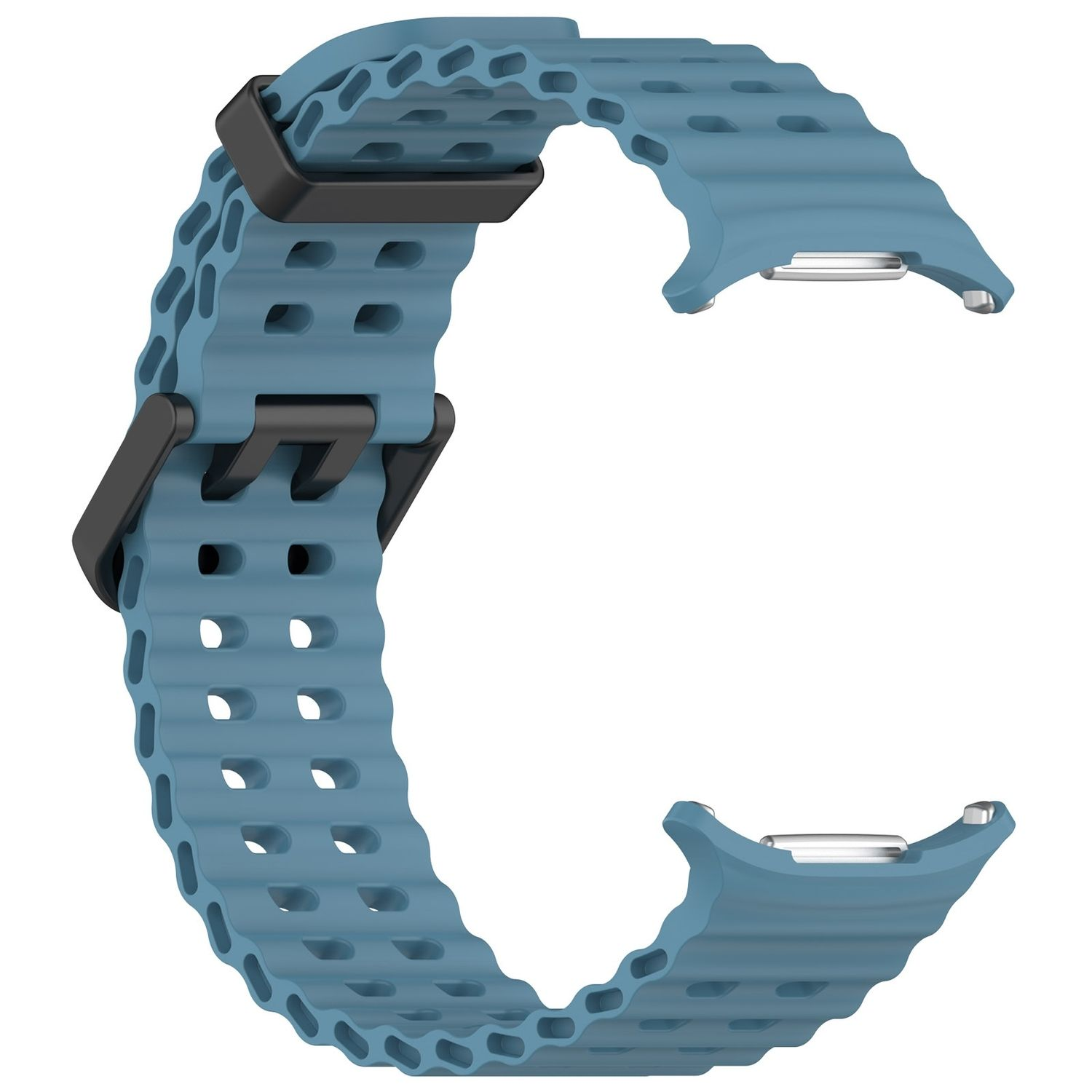 Blaues Uhrenarmband mit Schnalle. Das Armband hat ein Lochmuster.