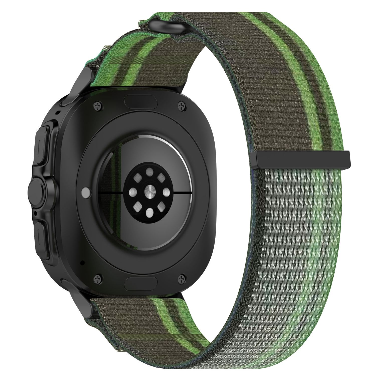 Eine schwarze Smartwatch mit einem grün-braun gestreiften Band. Die Rückseite der Uhr ist sichtbar.